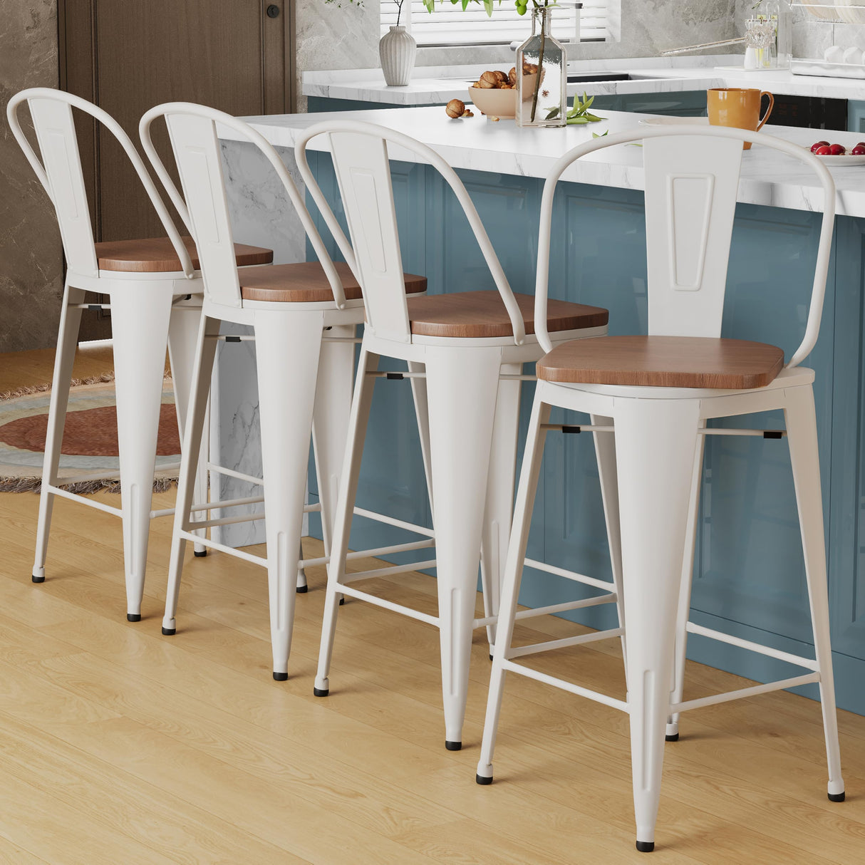 Alunaune 24" Swivel Metal Bar Stools Set of 4 High Back Counter Height Barstools Industrial Dining Bar Chairs with Large Wooden Seat-White Alunaune