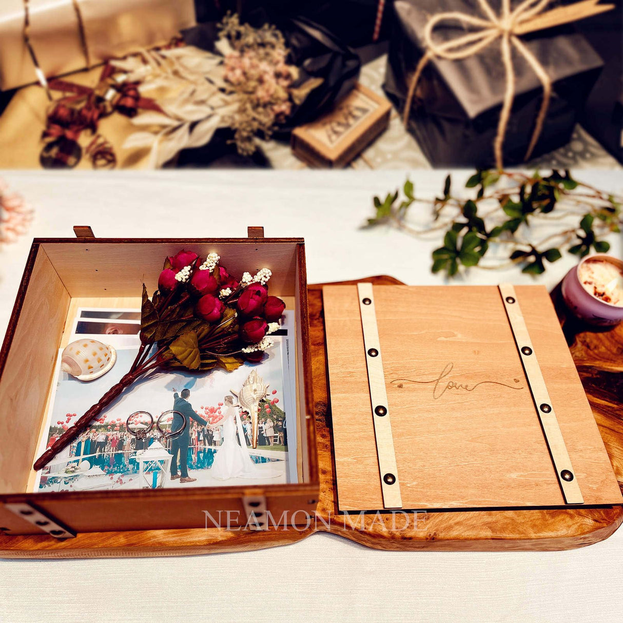 Wedding Keepsake Box With Lids Engagment Gifts for Couples Wood Storage Memory Box Bridal Shower Gifts Marriage Christmas Newlywed Gift Anniversary Neamon