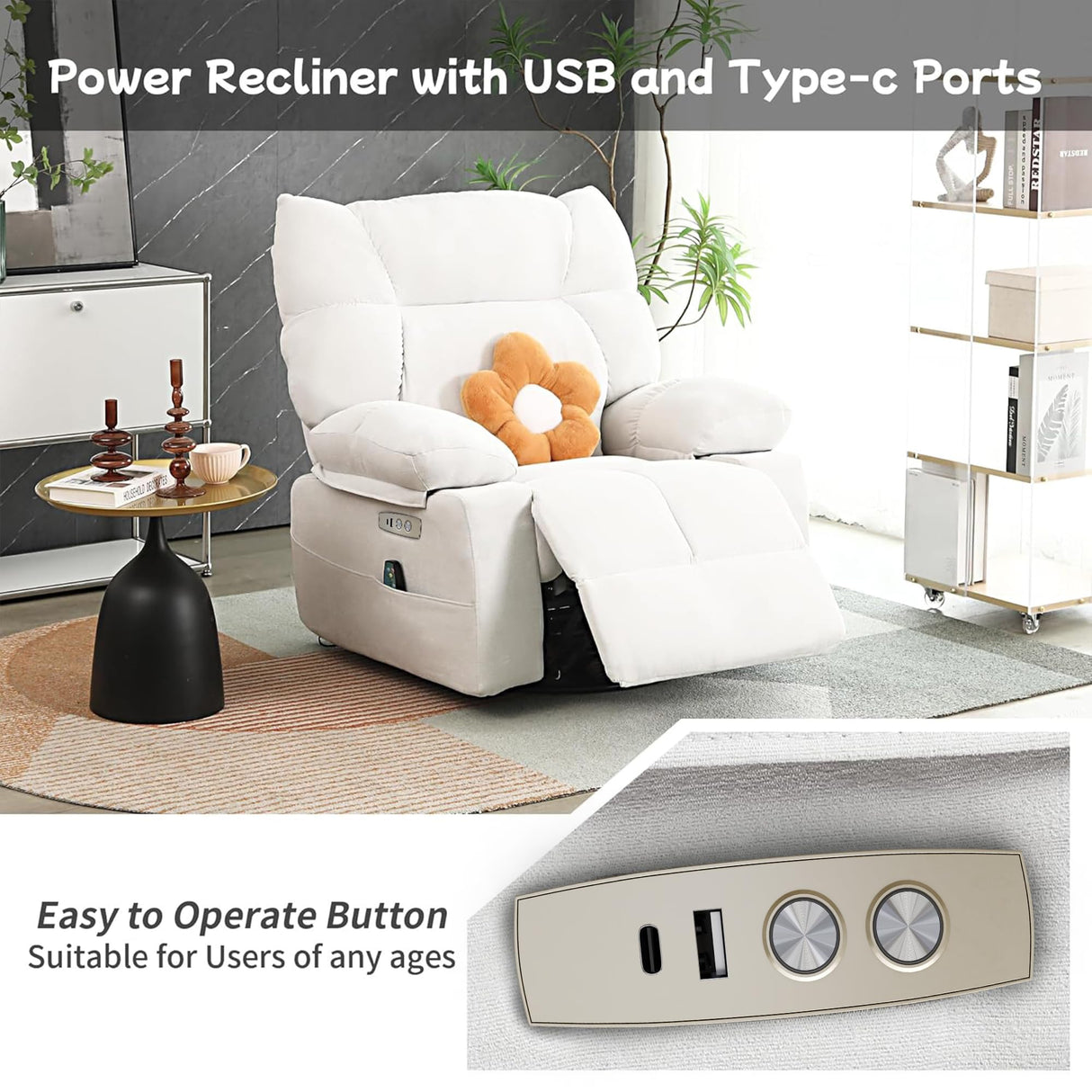 EDWELL White Power Recliner Chair, Swivel Rocking Recliner Chairs for Adults with Massage and Heated, Soft Single Reclining Swivel Sofa with USB, USB-C Ports for Living Room EDWELL