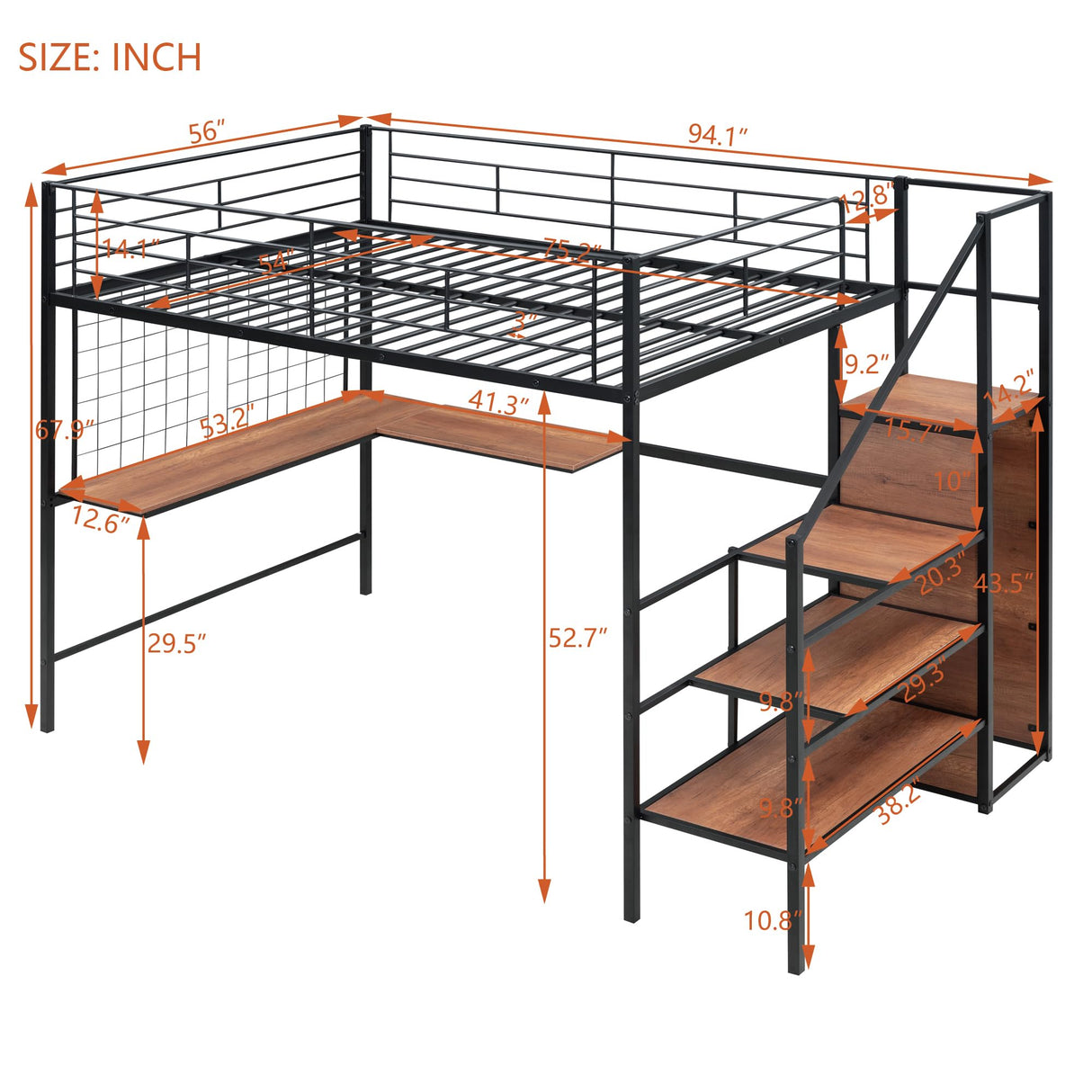 Full Size Loft Bed with Desk and Storage Wardrobe, Heavy Duty Loft Bed with Stairs and Metal Grid, Full Size Loft Bed for Kids, Girls, Boys, No Box Spring Needed (Black Wardrobe, Full) Bellemave
