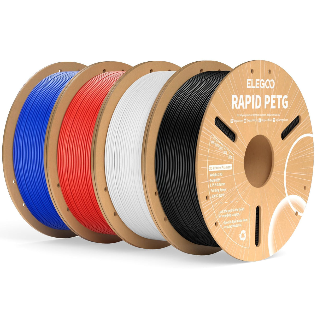 ELEGOO Rapid PETG Filament 1.75mm Bundle 4KG, High Speed 30-600mm/s 3D Printer Filament Accuracy +/- 0.02 mm, 1kg Cardboard Spool(2.2lbs), Fits for Most FDM 3D Printers(Black, White, Blue, Red) ELEGOO