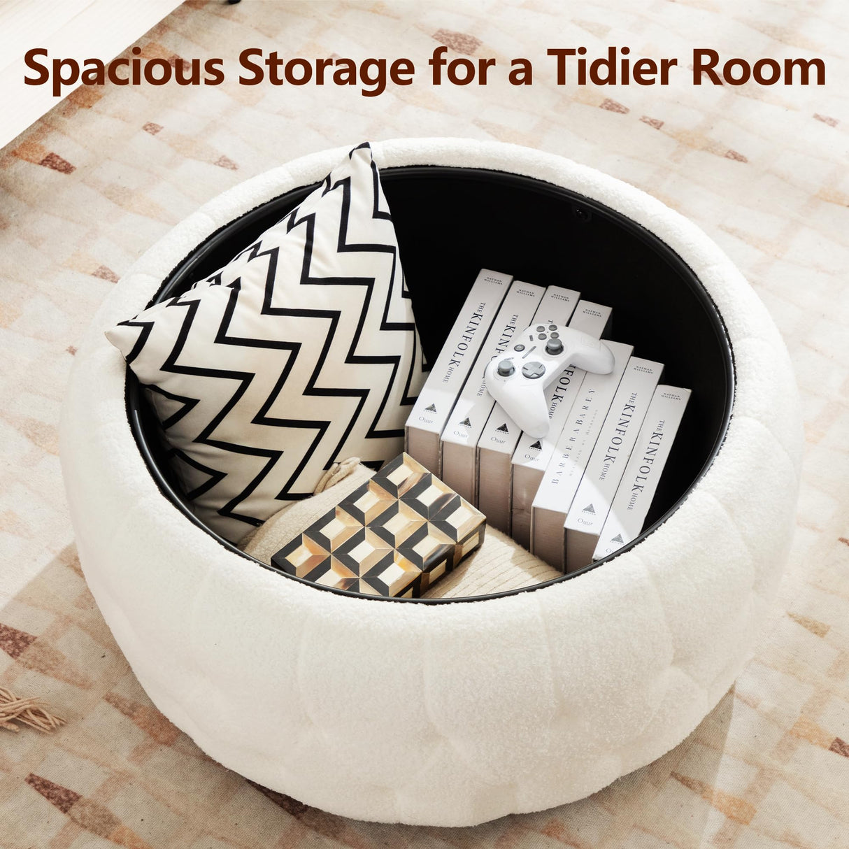 gusohey Large Round Storage Ottoman Coffee Table with Wooden Tabletop, 30.5 Inches Teddy Fleece Tufted Ottoman for Living Room, Bedroom, Apartments, White gusohey