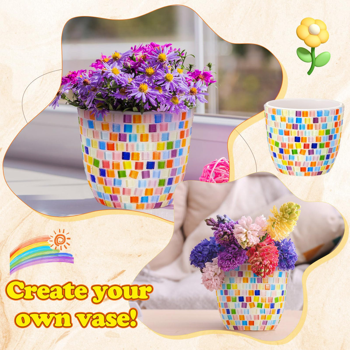 Tioncy 2 Set DIY Vase Mosaic Kit for Adults Gift, DIY Arts and Craft Kits with Vase Flower Mosaic Accessories Art Kit for Room Decor Craft Lovers Handmade, Home Decor Gifts(Rainbow) Tioncy