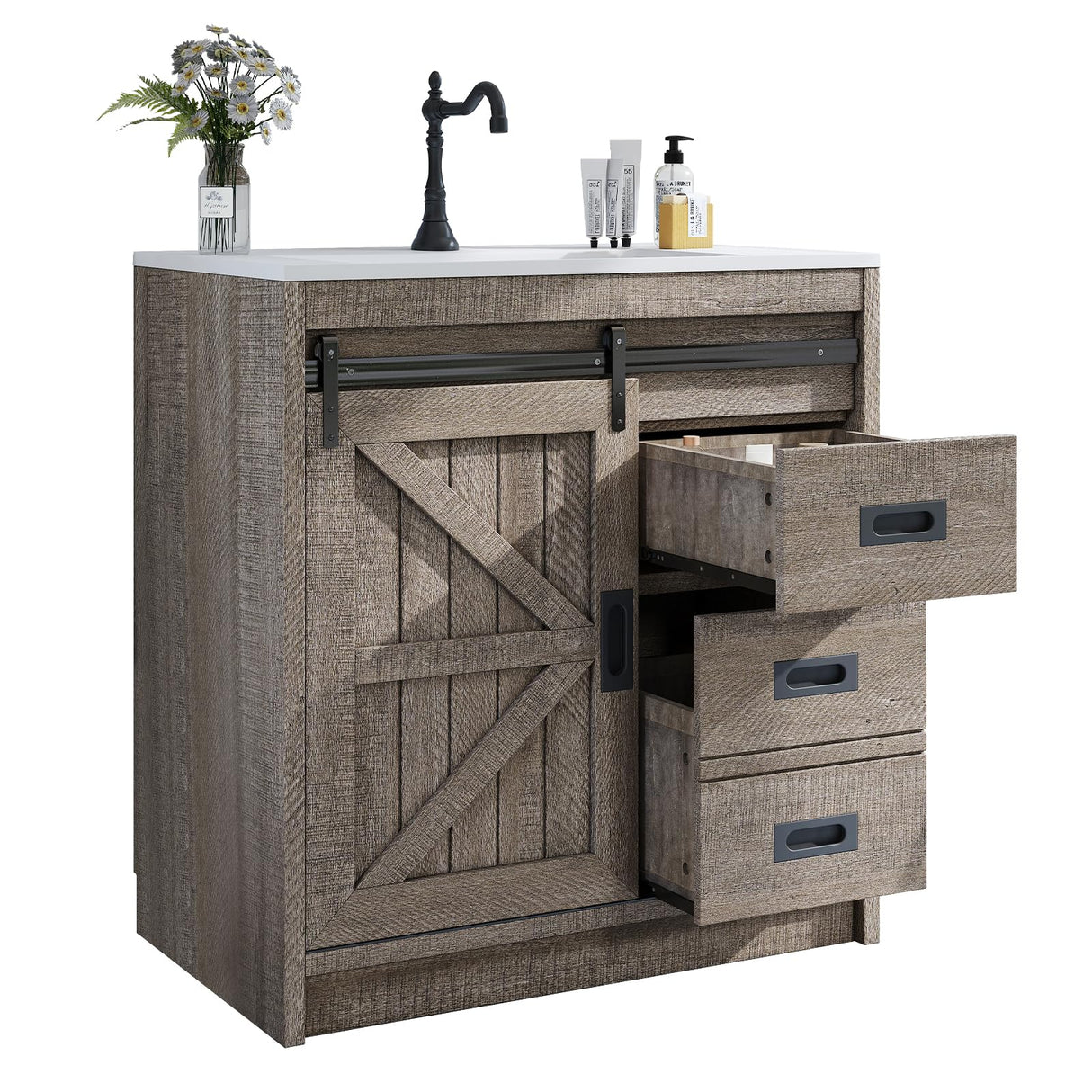 LUXOAK 31" Farmhouse Sliding Barn Door Bathroom Vanity with Sink Combo, Bathroom Vanity Cabinet with Drawers & Metal Handles, Freestanding, Gray LUXOAK