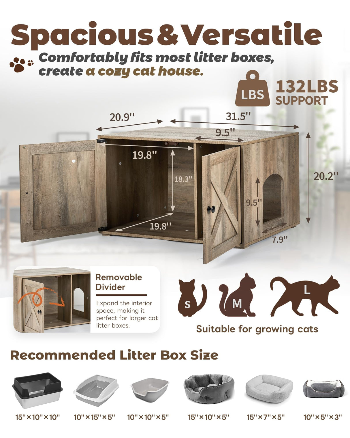 Upolana Cat Litter Box Enclosure, 32 inch Hidden Litter Box Furniture with Divider, Wooden Kitty Litter Box Cabinet End Side Table, Greige Upolana