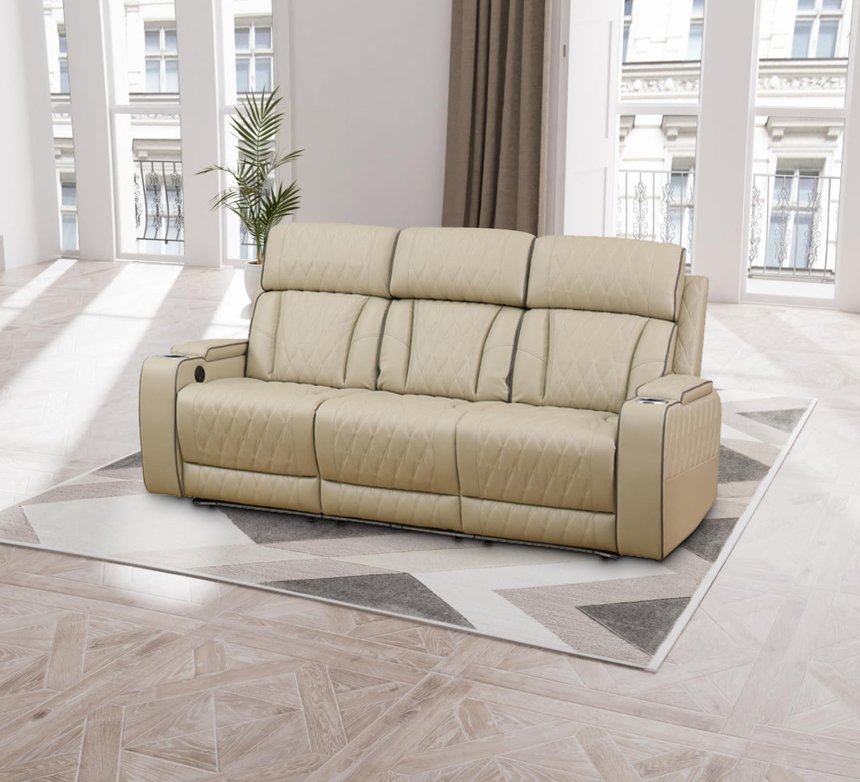 Ocstta Power Recliner Sofa Set with LED, Breathing Leather Living Room Furniture, Leather Couches Reclining Sofa with Cup Holders/Storage/USB Ports (3 Piece Living Room Set, Khaki) Ocstta