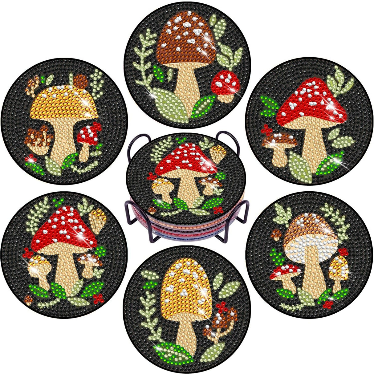 EWJRNSF 6 PCS Small Diamond Art Coasters Kits, Diamond Painting, Fall Diamond Art Kits for Adults Beginners, Arts and Crafts Item Sets with Holder for Drinks Mushroom EWJRNSF