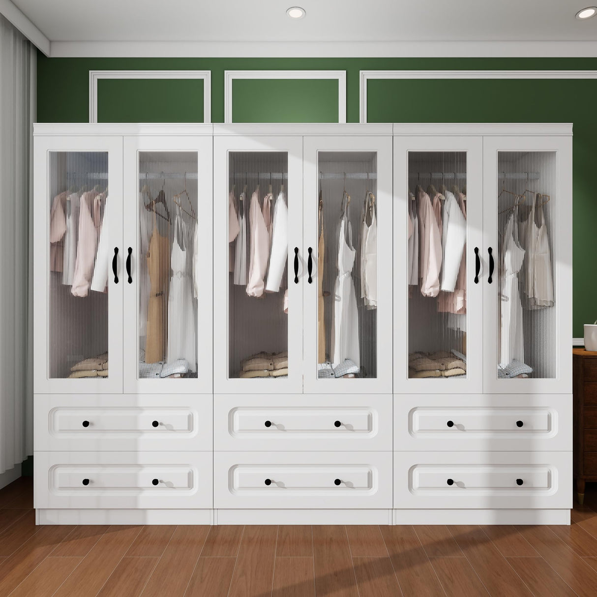 Nesbsakte White Armoire Wardrobe Closet with Glass Doors, 94.49" W x 20.47" Dx 70.87" H, 6 Drawers, Hanging Rod & Shelves, Modern Style, Large Capacity Storage, Bedroom Furniture(72-72-72) Nesbsakte