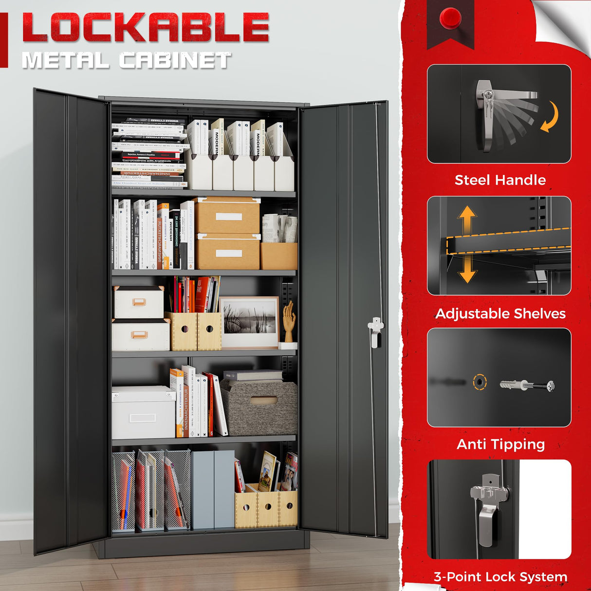 Metal Storage Cabinet with Lock, 71" Tall Black Garage Cabinet with 2 Doors & 4 Adjustable Shelves, Lockable Steel File Cabinet for Home Office, Garage, School, Gym Pataku