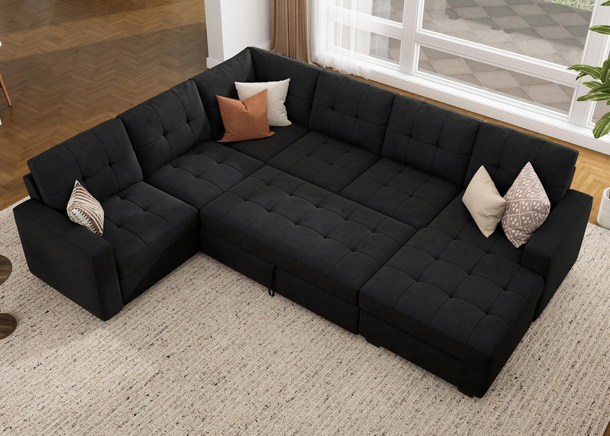 HONBAY Sectional Sleeper Sofa with Pull Out Bed, Sleeper Sectional Couch for Living Room, Sleeper Sofa Bed with Storage Chaise, Velvet Black HONBAY