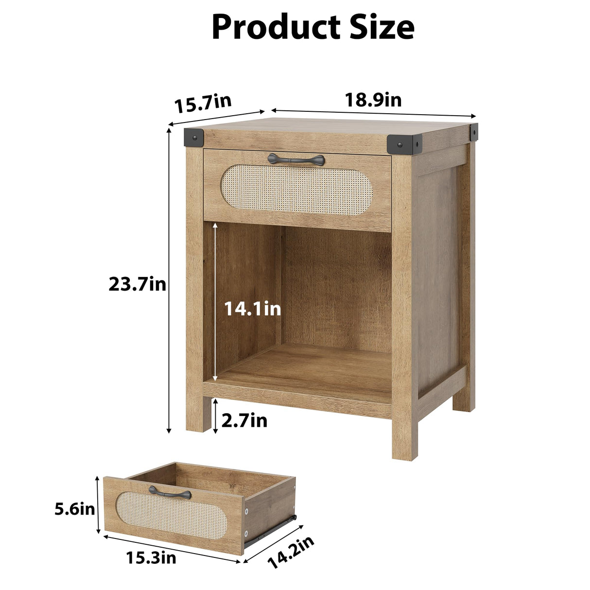 GarveeHome Rattan Night Stands Set of 2, Farmhouse Bedside Table, Night Stand with Drawer and Open Shelf, Boho End Table for Living Room,Bedroom, Natural GarveeHome