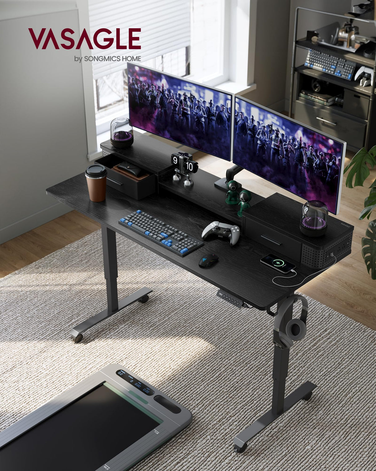 VASAGLE Electric Standing Desk with Drawers, 55.1 x 23.6 Inches, Sit Stand Desk with Power Outlet and LED Lights, Adjustable Height, Storage Shelf, 3 Memory Buttons, for Home Office, Ink Black VASAGLE