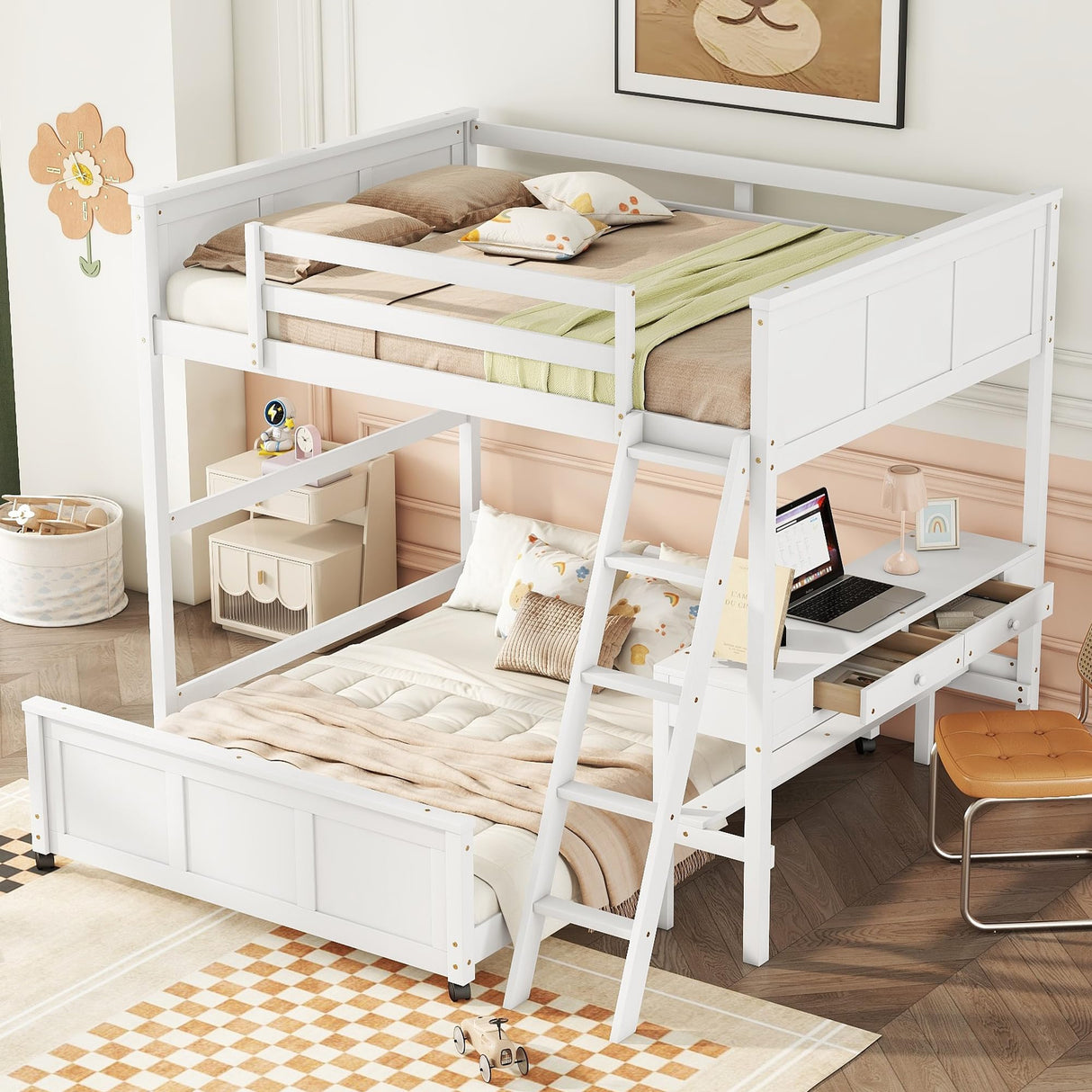 Harper & Bright Designs Full Over Full Bunk Beds with Desk and Drawers, Wood Full Size Loft Bed with Removable Full Platform Bed Frame, Bunk Bed with Ladder for Kids Girls Boys, White Harper & Bright Designs