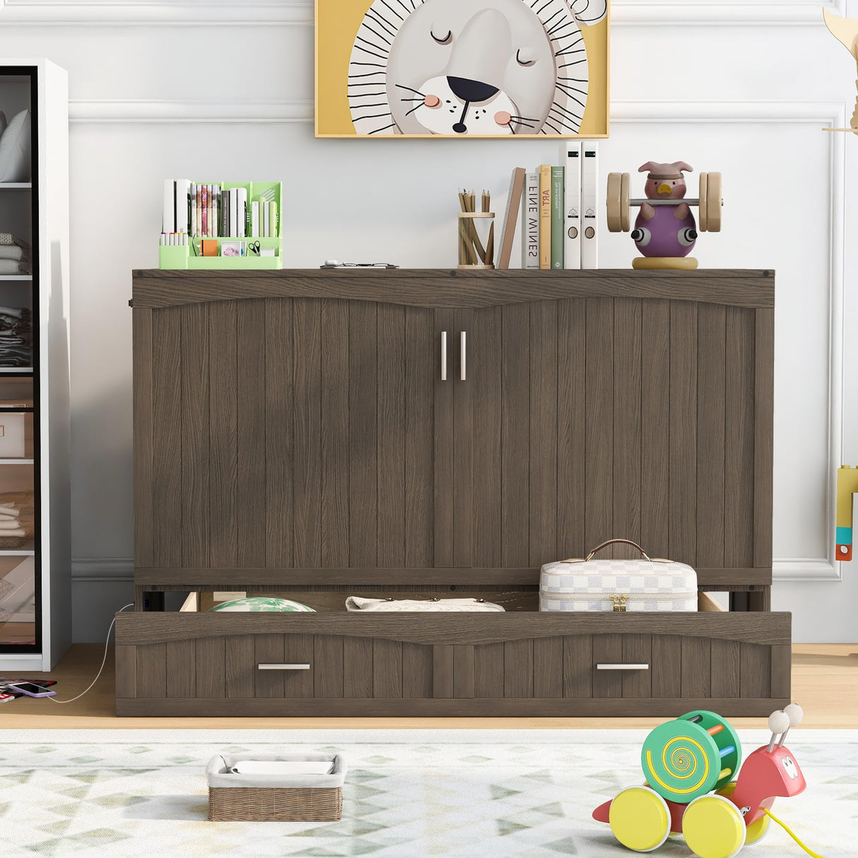 Murphy Bed with Built-in Charging Station, Antique Grey Merax