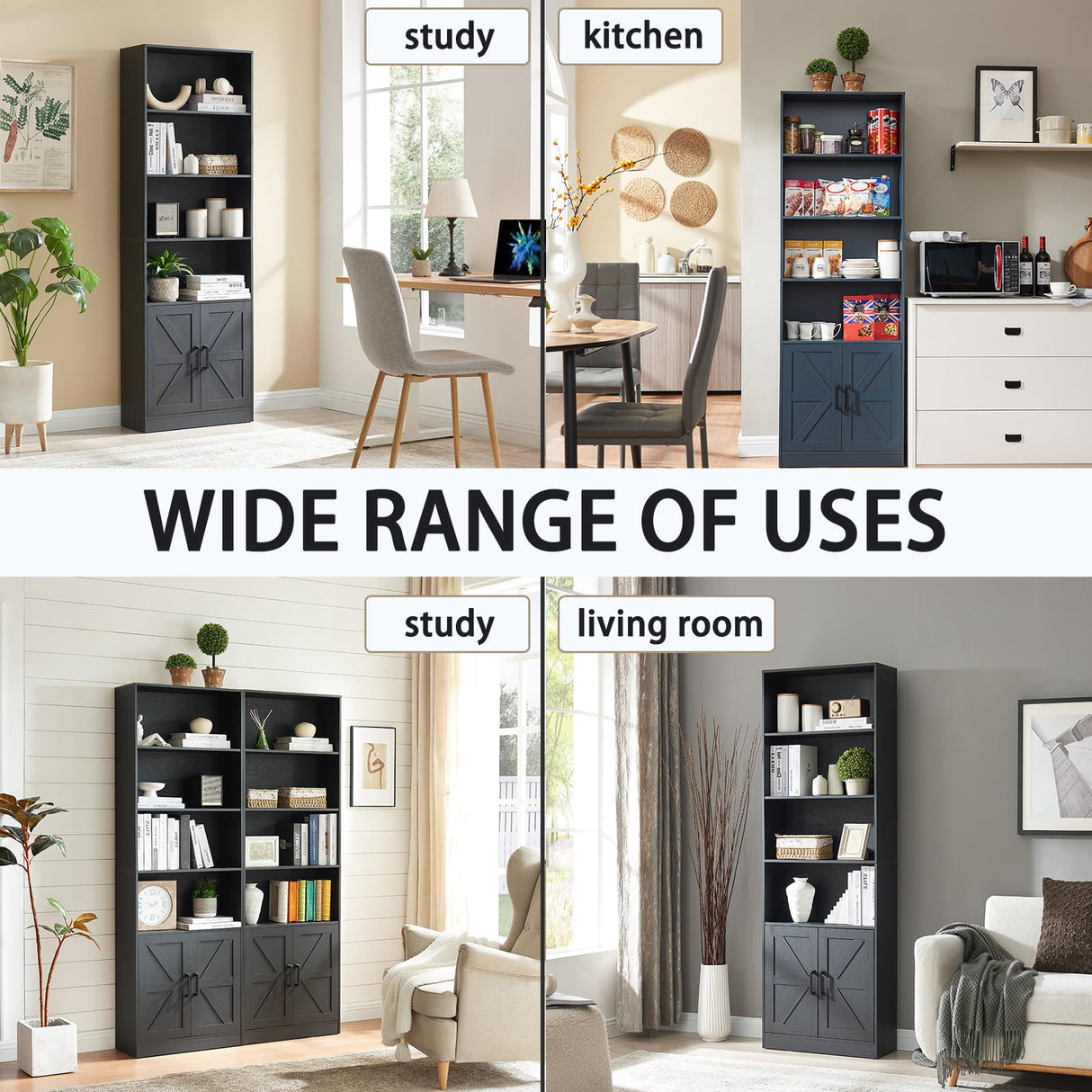 RWYHG 70in Tall Bookshelf 6 Tier Bookcase with Barn Doors and Adjustable Shelf, Black Farmhouse Book Shelves with Storage Cabinet,Wood Floor Standing Display Bookshelve for Bedroom,Living Room,Kitchen RWYHG