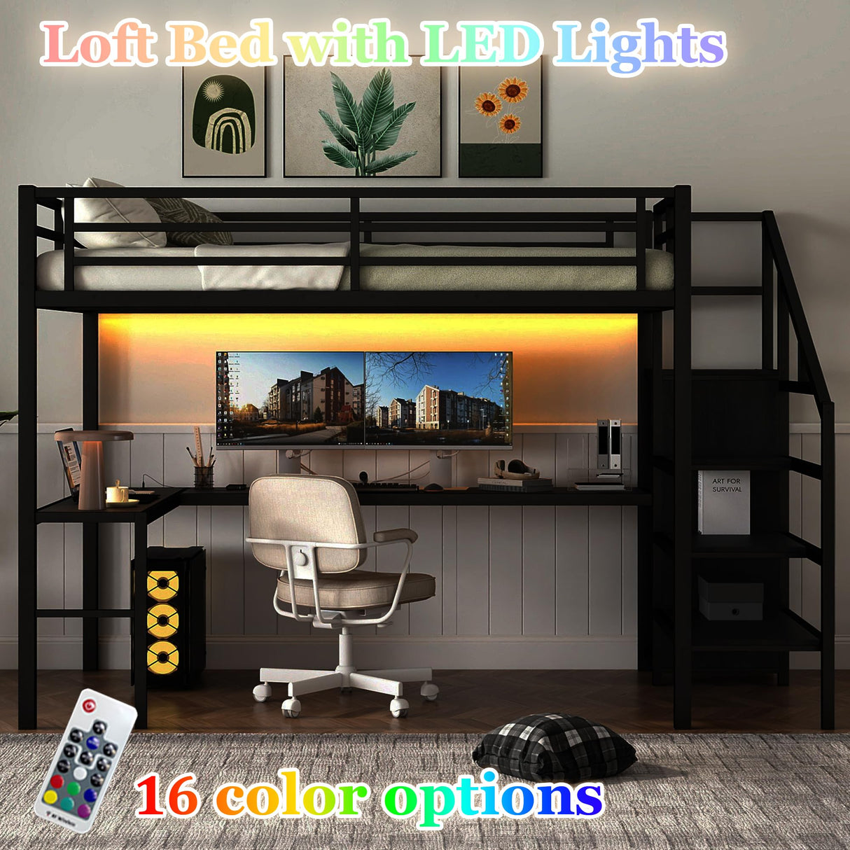 Bellemave Full Size Metal Loft Bed with L Shaped Desk and Wardrobe, Heavy Duty Loft Bed Frame with Storage Stairs, LED Loft Bed Frame with Charging Station & Safety Guardrails, Black Bellemave