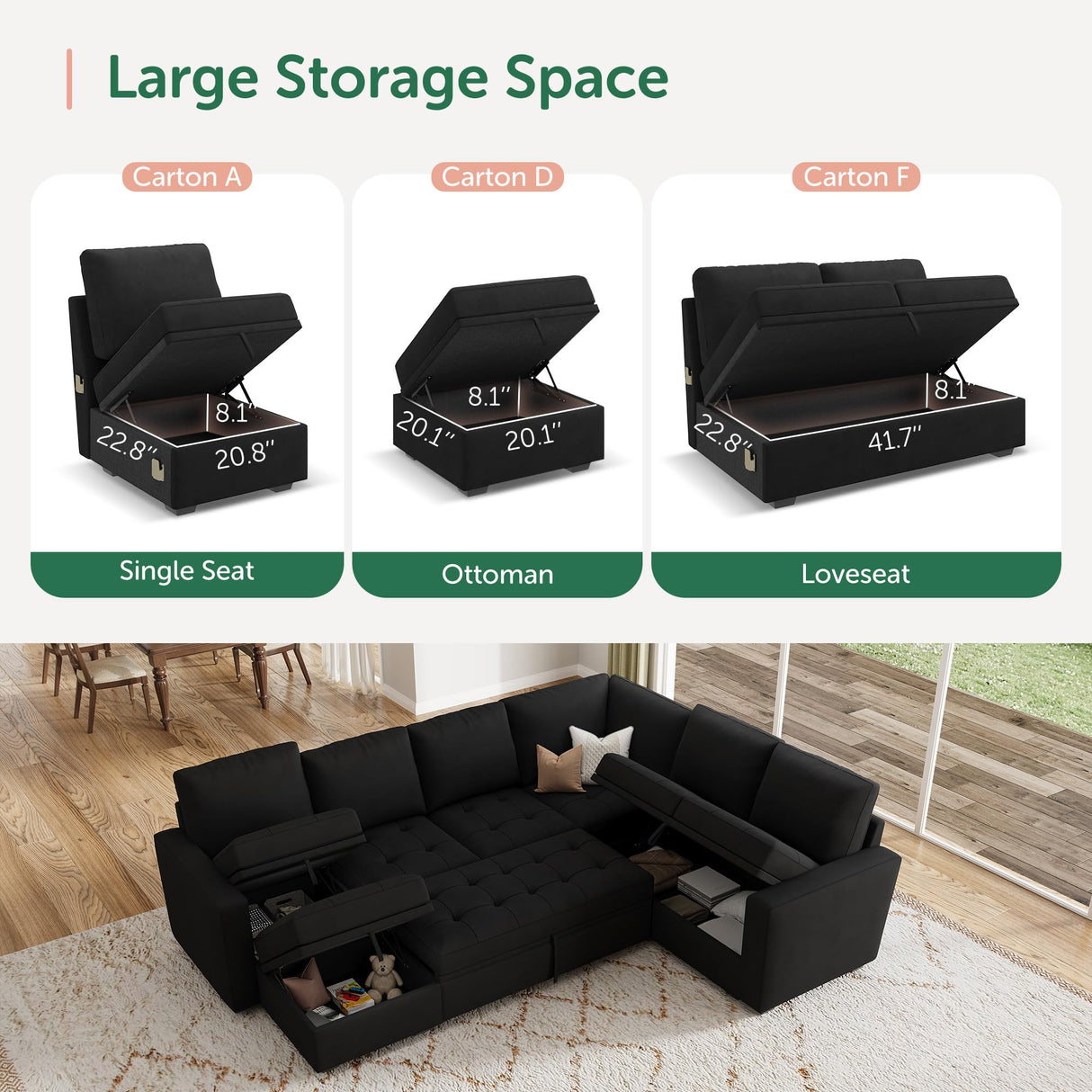 HONBAY Modular Sectional Sleeper Sofa with Pull Out Bed, Velvet Convertible L Shaped Couch with Storage Seat, Sectional Couches for Living Room, Black HONBAY