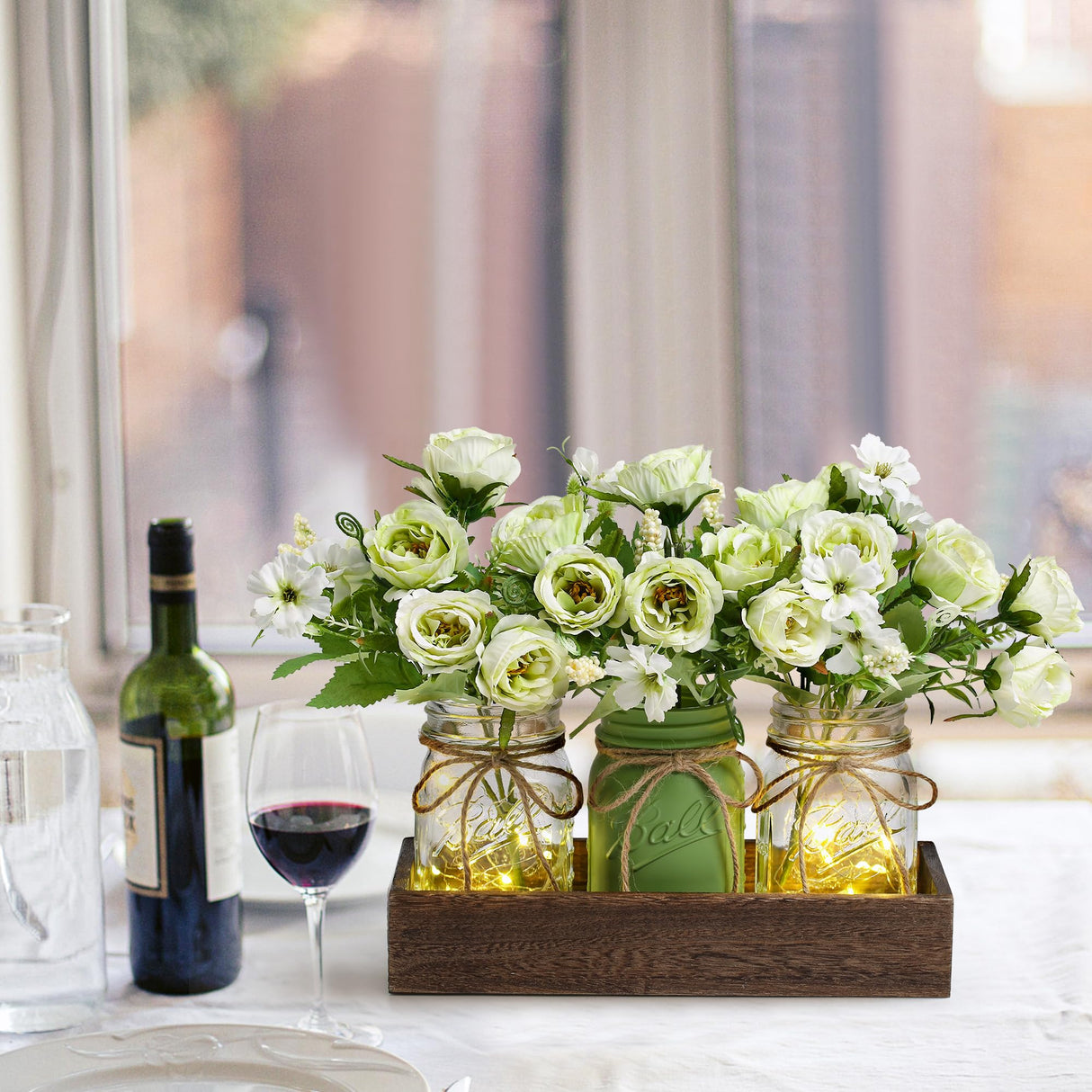 DUOER 3 Pcs Mason Jar Centerpiece Table Decorations for Dining Farmhouse Coffee Table Decor with Wood Tray and Led Light Table Centerpieces for Dining room Kitchen Living Bathroom,Green DUOER