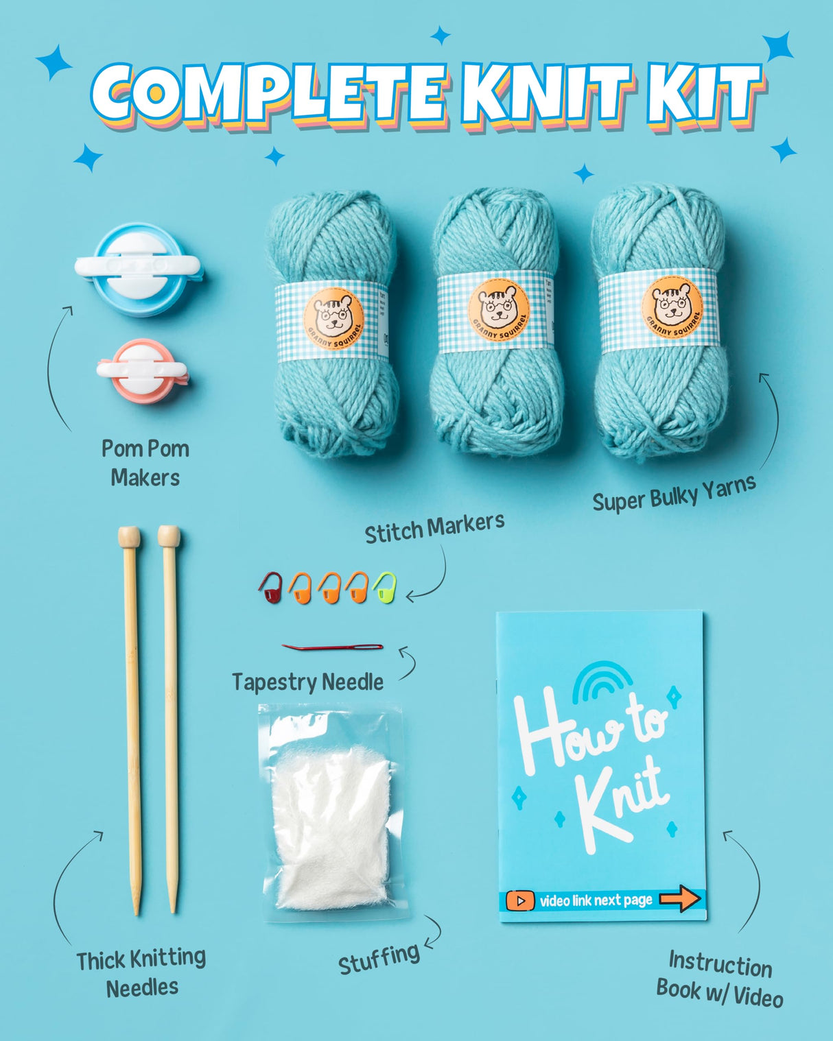 Complete Knitting Kit for Beginners - Learn to Knit Kit with Knitting Accessories Like Thick Beginner Yarn, Bamboo Needles for Beginners & More - Includes Video Tutorials & Written Guide Granny Squirrel