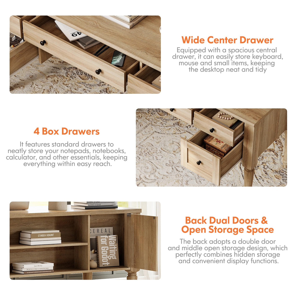 WAMAPT Farmhouse Executive Desk with 5 Drawers, Home Office Desk with Charging Station, Wood Computer Desk with File Cabinet Storage, Door, Open Shelf for Work and Study, Oak, 55 inch WAMPAT