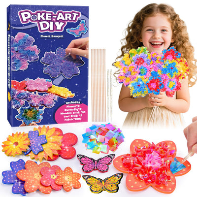 Arts and Crafts for Girls Ages 4-12, Poke Art Flower Bouquet with 8 Flowers & 2 Butterflies DIY Creative Activity Mess-Free Fun for Kid Party Favors Birthday Christmas Gifts for 4-12 Year Old Girls