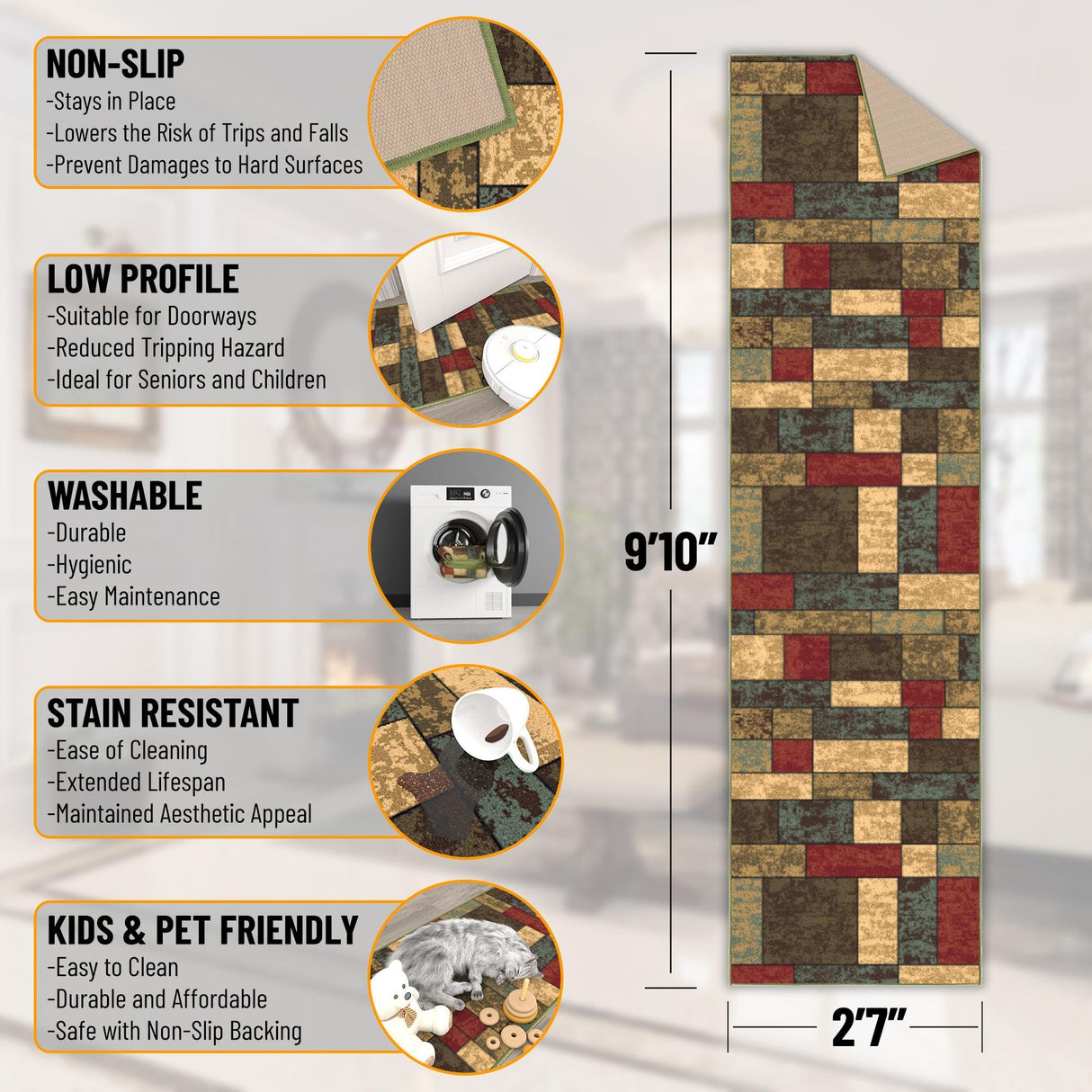 Machine Washable Boxes Design Non-Slip Rubberback 3x10 Traditional Runner Rug for Hallway, Kitchen, Bedroom, Living Room, 2'7" x 9'10", Boxes Multicolor Ottomanson