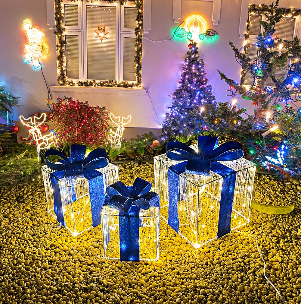 Christmas Decorations, Purtuemy Set of 3 Christmas Lighted Gift Boxes 140 LED Light up Xmas Present Ornament for Tree Indoor Outdoor Yard Holiday Door, Christmas Lights,Warm White, UL Plug Purtuemy