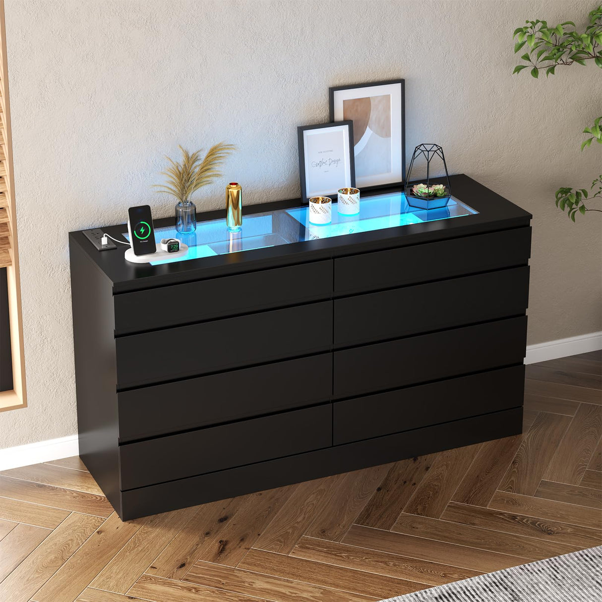 Gyfimoie 8 Drawer Dresser with Power Outlet, White Dresser for Bedroom Chest of Drawer with Glass Top & LED Light, Modern Double Wide Drawer Organizer Cabinet for Living Room (Black) Gyfimoie