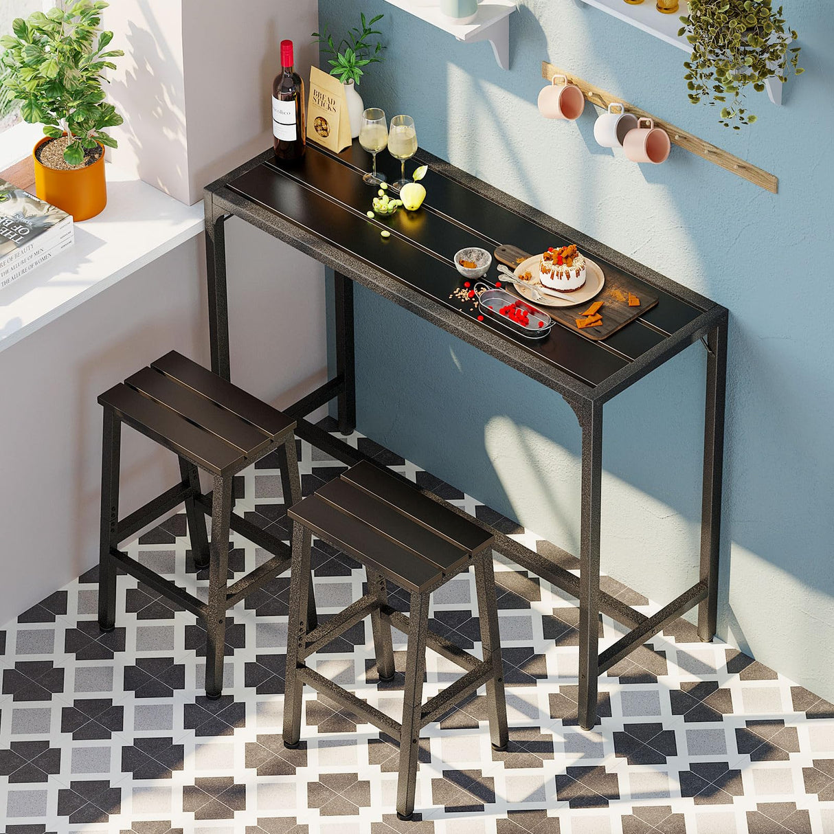 ODK 47 Inch Outdoor Bar Table, Patio Counter Bar Height Table with Weather Resistant Waterproof Top for Garden, Hot Tub, Yard, Balcony, Poolside, Indoor (Black) ODK