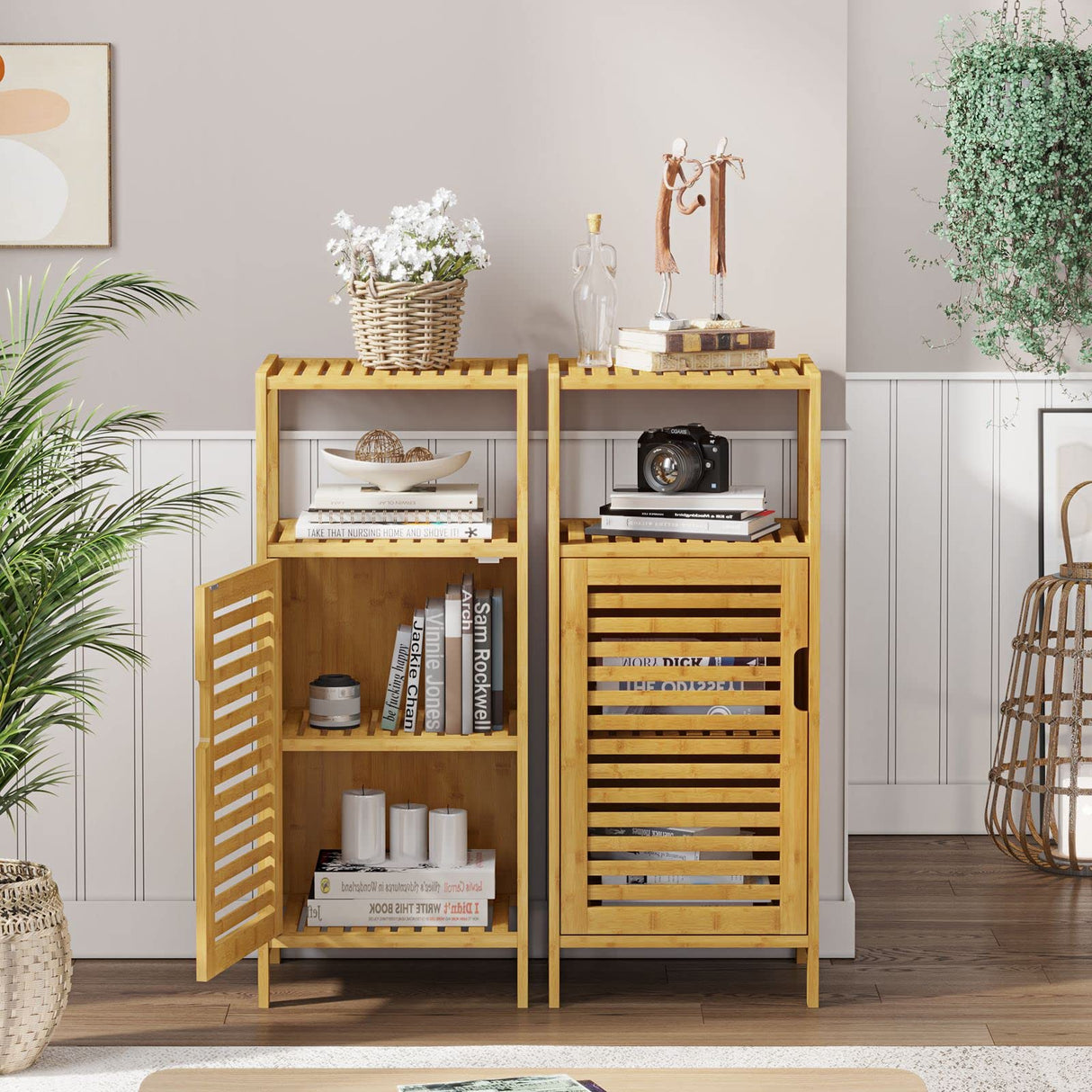 VIAGDO Bamboo Cabinet, Bathroom Storage Cabinet with Single Door and Shelf, Freestanding Bathroom Cabinet, Kitchen Cupboard, Sofa Side Table for Living Room/Hallway/Kitchen VIAGDO