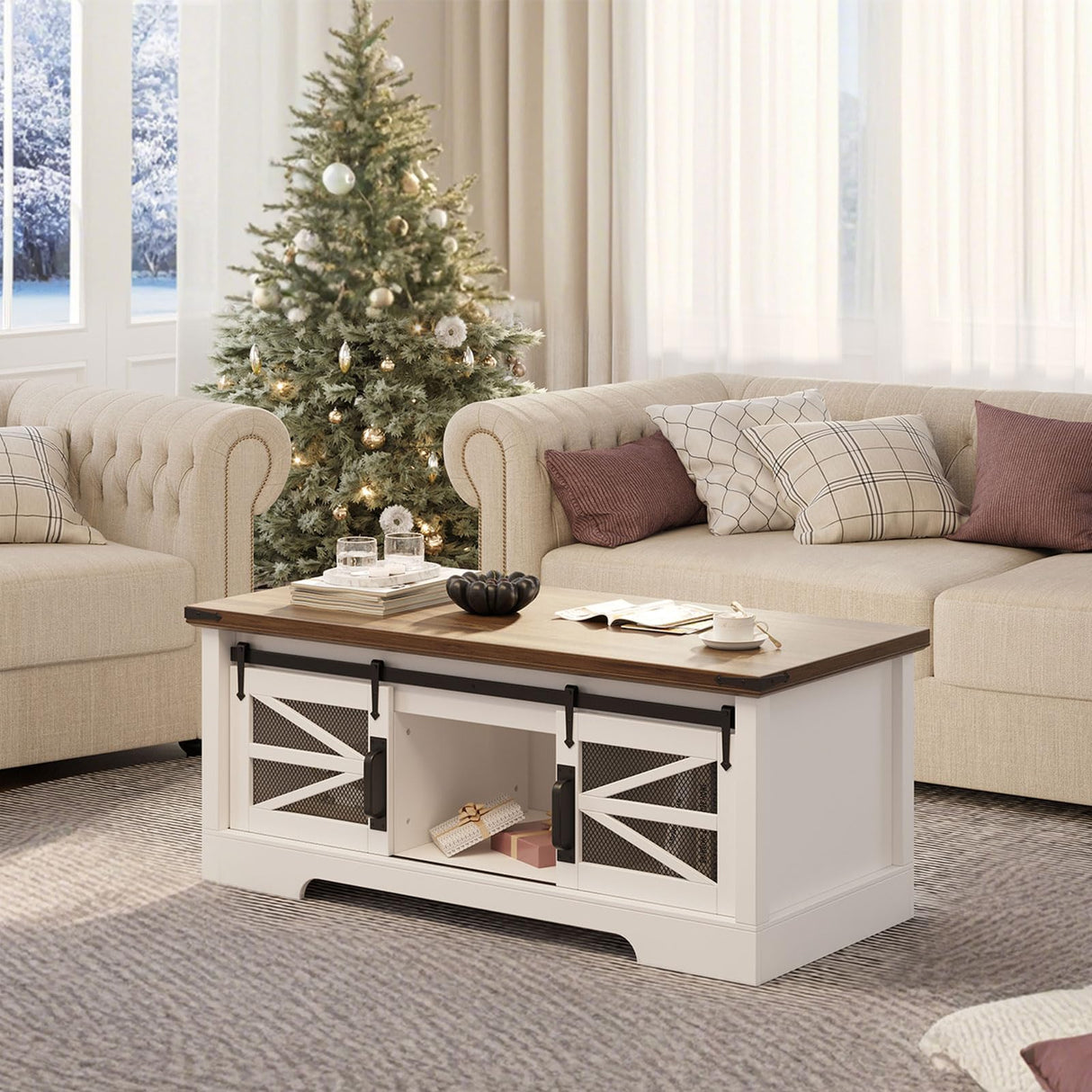 Garvee Lift Top Coffee Table, 47.2 in Multifunction Coffee Table with Sliding Barn Door, Hidden Storage Compartment, Lifting Table Top and Adjustable Shelf, Farmhouse Rustic Center Dining Table Garvee