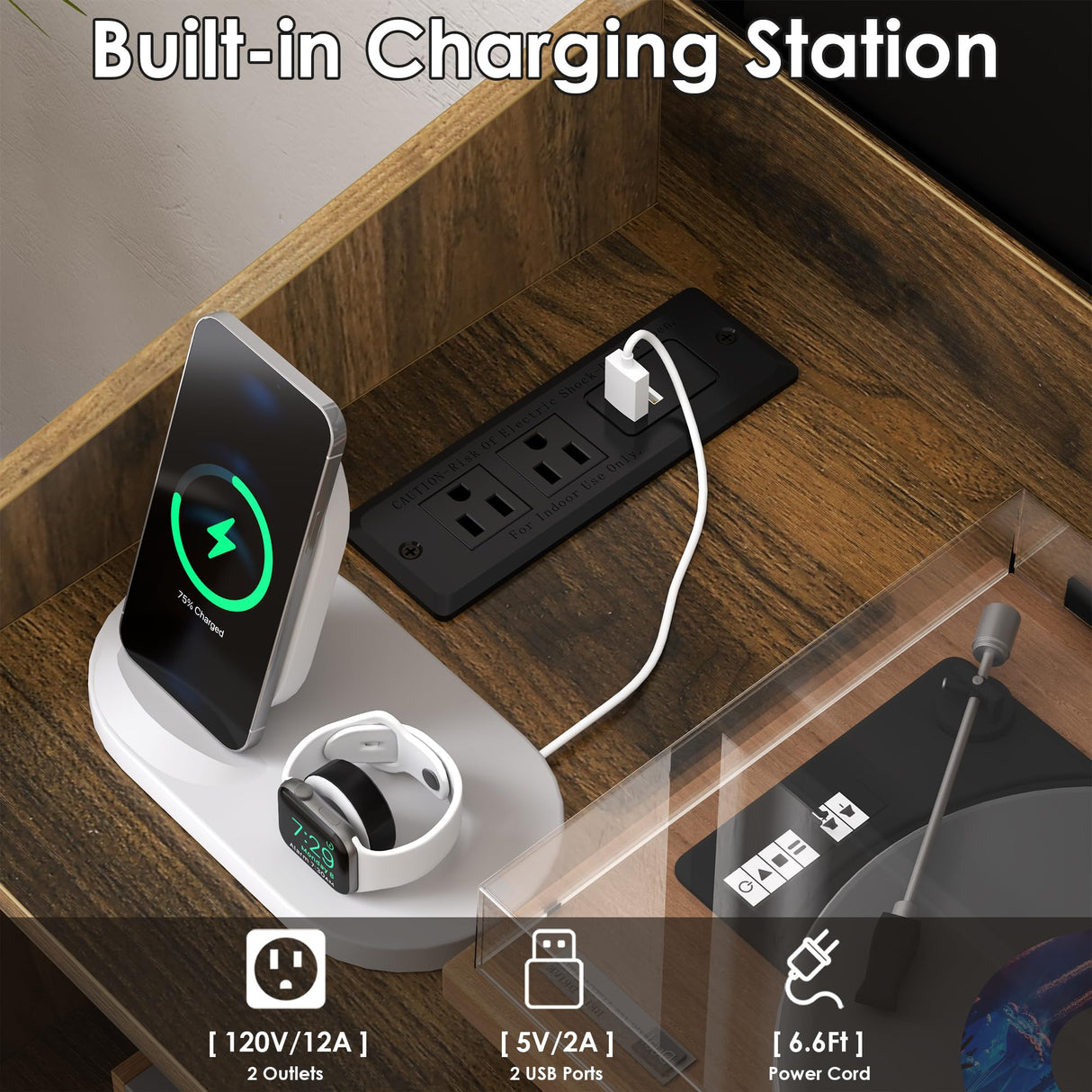 Gyfimoie Upgraded Large Record Player Stand, Mid-Century Turntable Stand with Power Outlet, Large Record Player Table Holds Up to 500 Albums, Vinyl Storage Cabinet Display Shelf for Living Room (Walnut) Gyfimoie