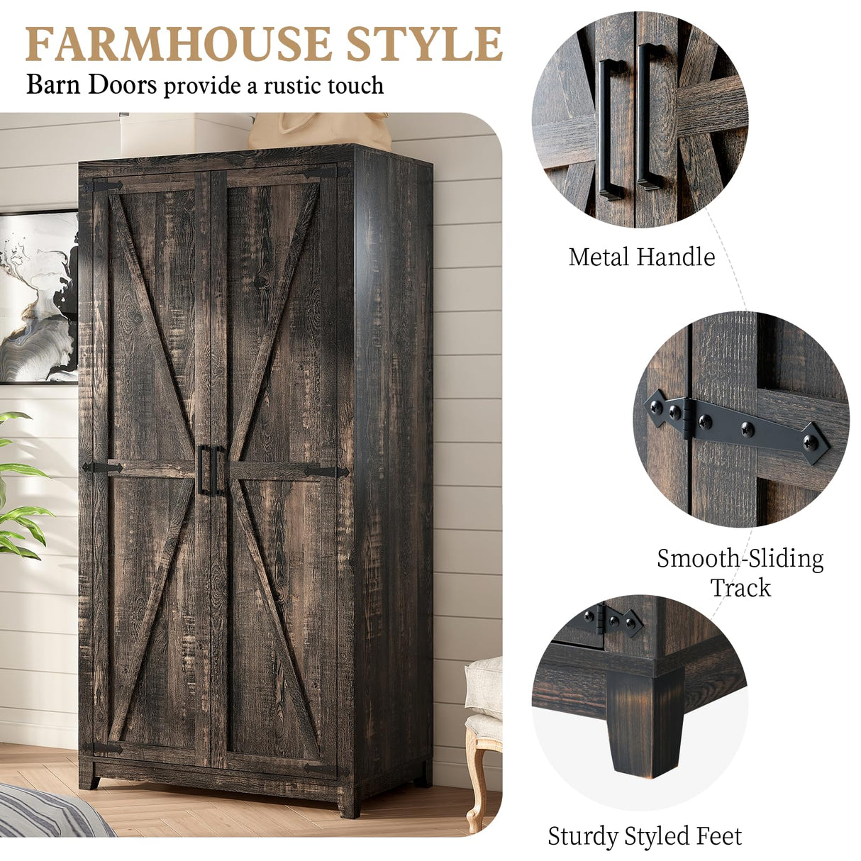 LUXOAK 70" Large Armoire Wardrobe Closet with Hanging Rod, Farmhouse Clothing Storage Cabinet with 2 Barn Doors, Wooden Tall Bedroom Armoires with Shelf, Dark Oak Wood LUXOAK