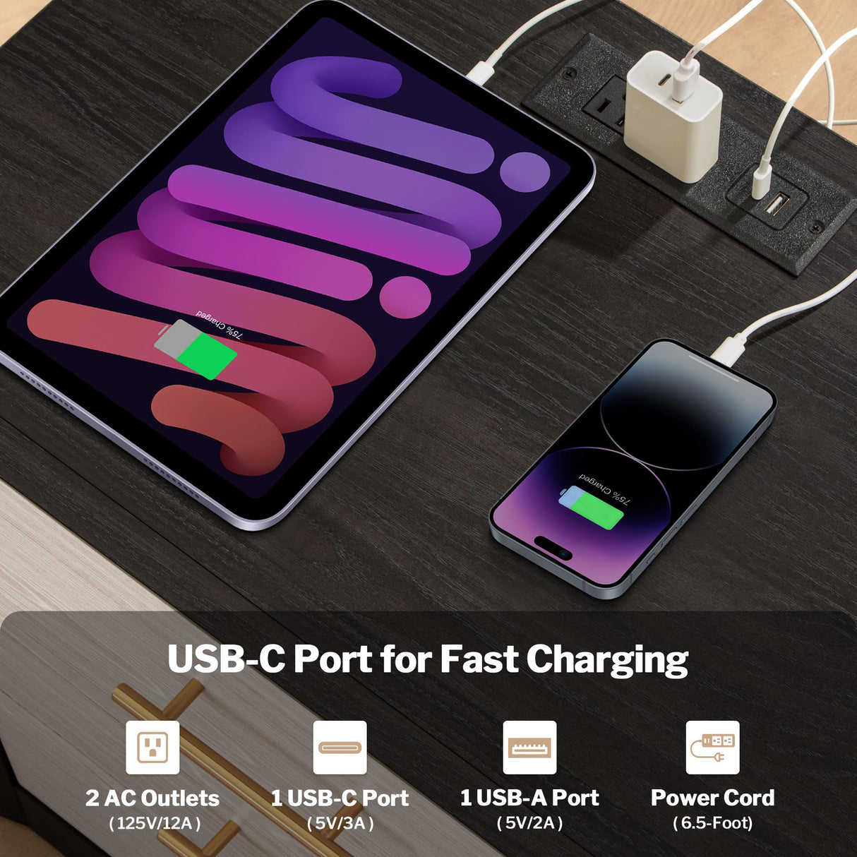 SICOTAS 24" Night Stands Set of 2, Black Nightstand with Charging Station, Large 3 Drawers Nightstand, Tall Mid Century Modern Nightstands Bedroom Bed Side Table for Bedroom Living Room Sofa SICOTAS