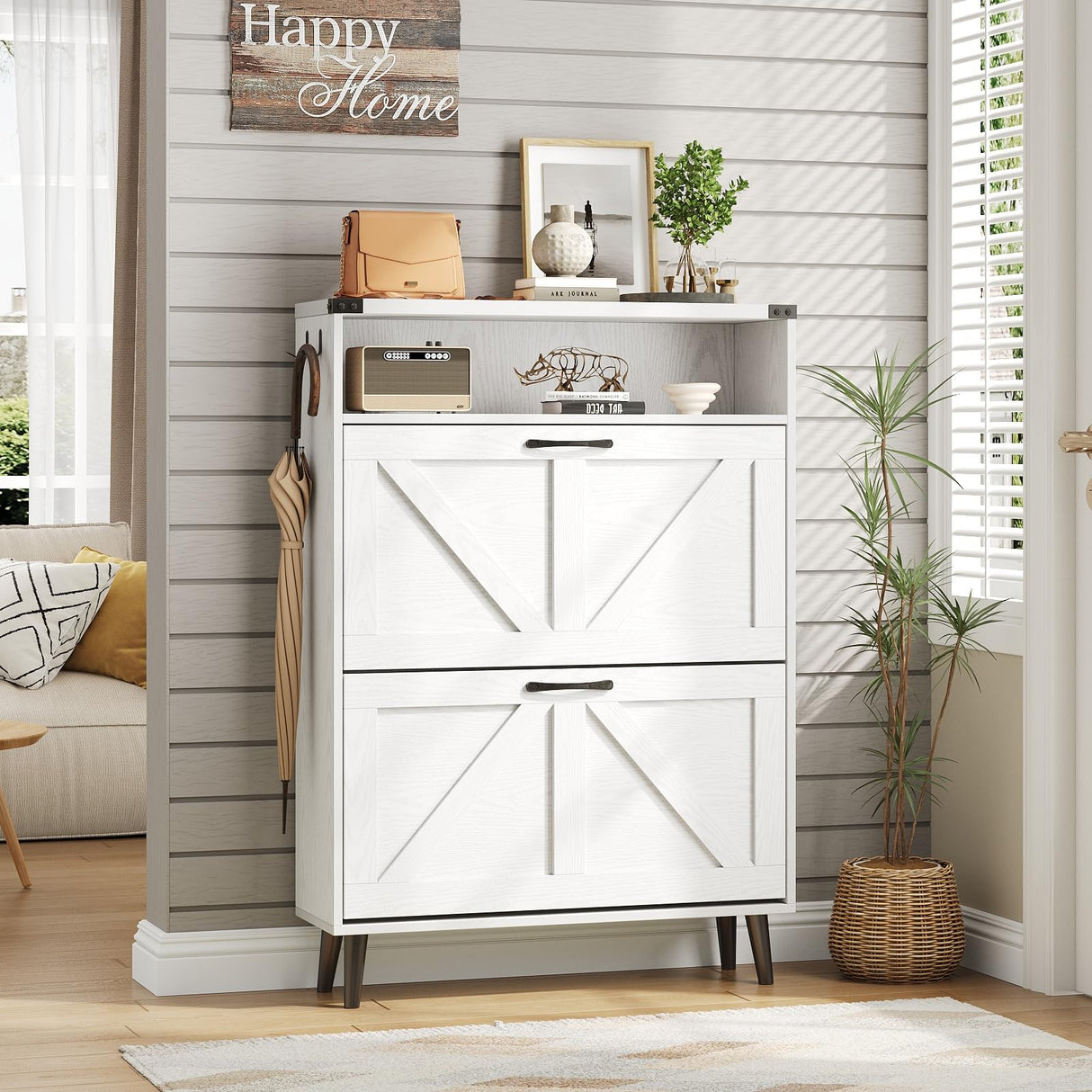 Vabches Shoe Storage Cabinet with 2 Flip Drawers,Freestanding Narrow Shoe Organizer with Open Storage,Hidden Slim Organizer Rack for Entryway,Hallway,White Vabches