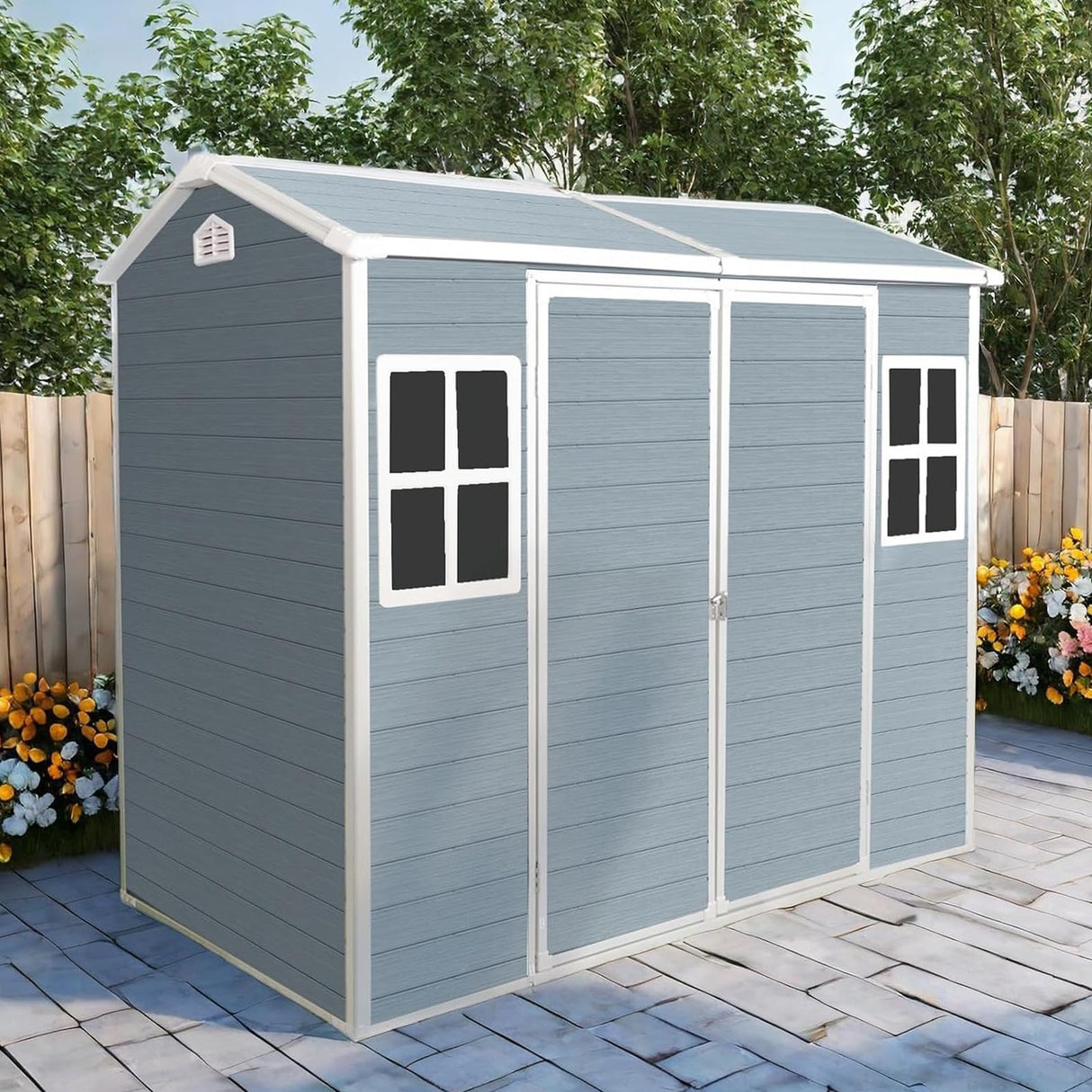 Shaical Storage Shed 8x4ft Resin Outdoor Storage Shed with Floor and Lockable Double Door, Two Windows & Air Vents, All Weather Sloped Roof Tool Room for Garden, Backyard, Patio, Lawn, Grey Shaical