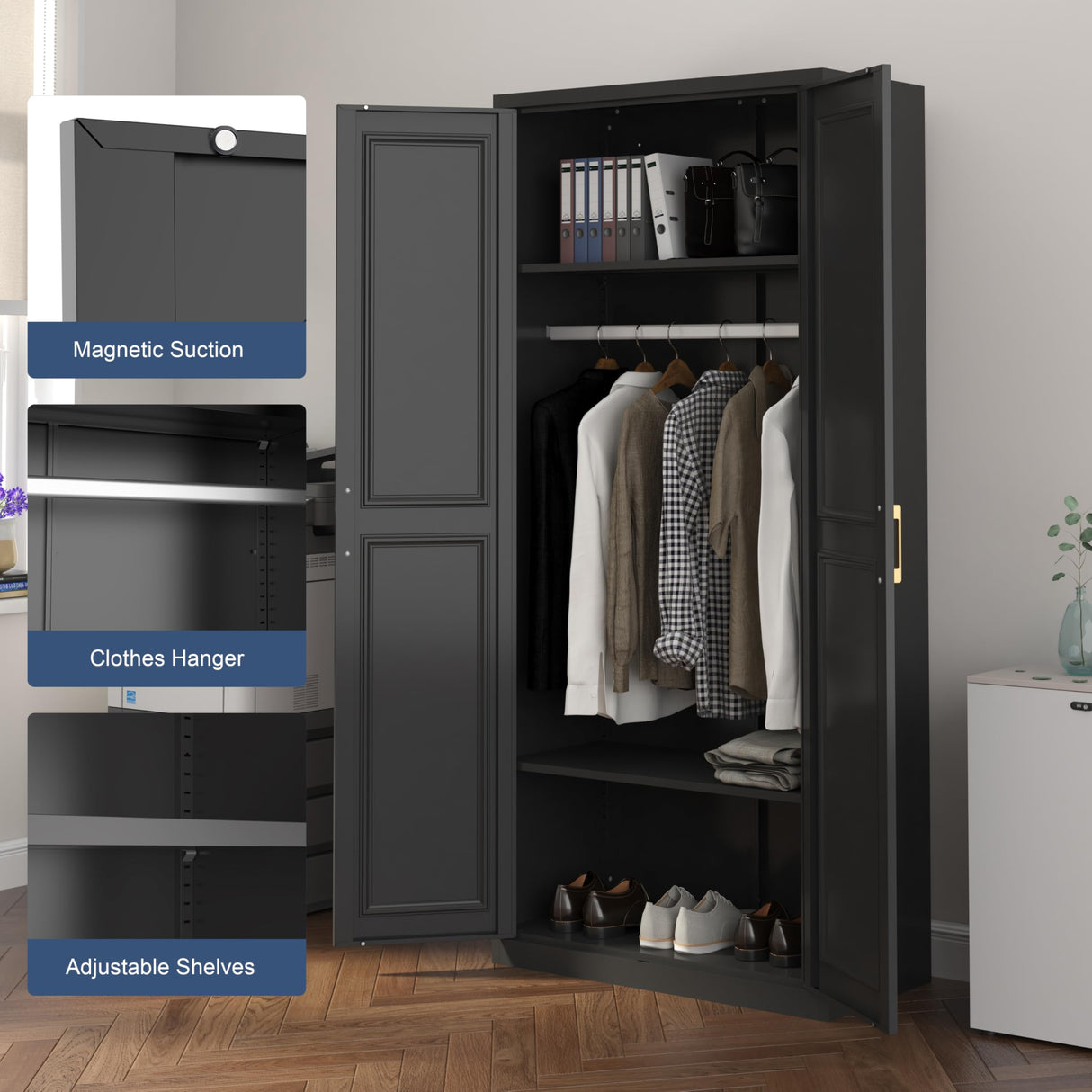 TIMELESS PIECES Metal Wardrobe Cabinets,Black Armoire Wardrobe Closet with Hanging Rod,Clothes Storage Cabinet with Adjustable Shelves and Doors,Clothing Cabinet for Bedroom, Office, Laundry Room TIMELESS PIECES