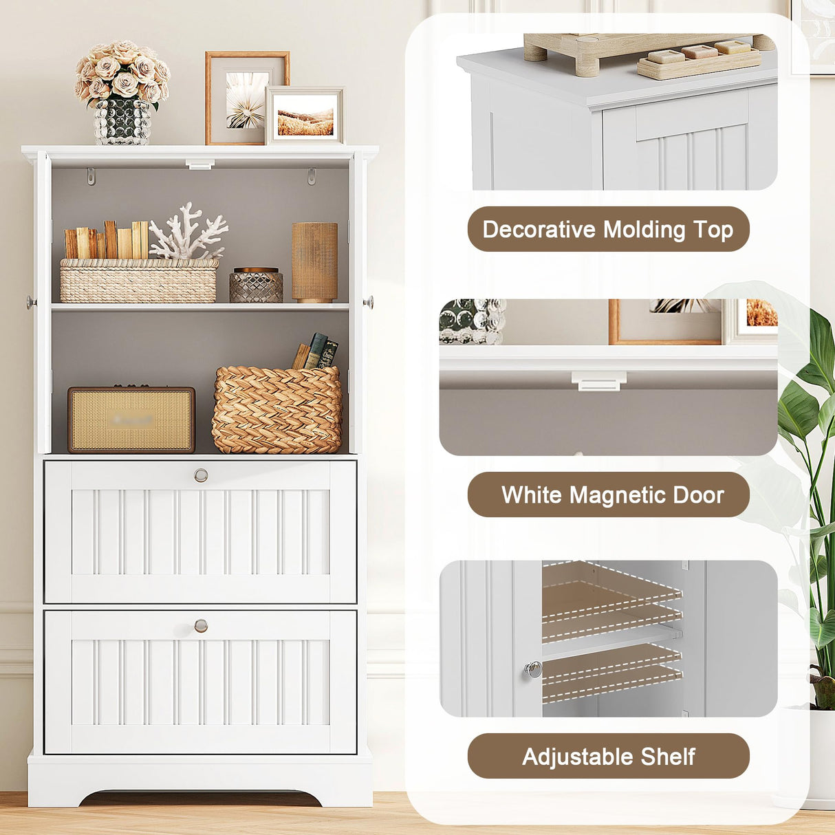 Treocho Bathroom Floor Cabinet, White Bathroom Storage Cabinet with Drawers and Adjustable Shelf, Freestanding Kitchen Pantry Cupboard with 2 Doors for Living Room Treocho