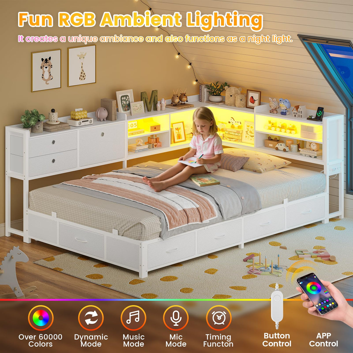BTHFST Corner Bed Frame with Charging Station & Led Lights, Twin Bed Frame with 8 Storage Drawers & Bookcase, Twin Daybed with Storage Headboard for Kids Guests, White BTHFST