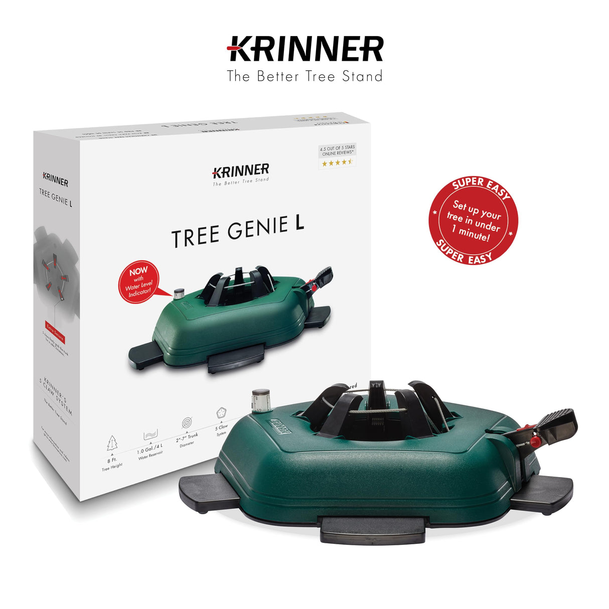 Krinner - Tree Genie L (Gen 2)- Single Cable Operation, Water Level Indicator, 5 Stabilizer Feet, Up to 8 Foot Trees - Christmas Tree Stand Krinner