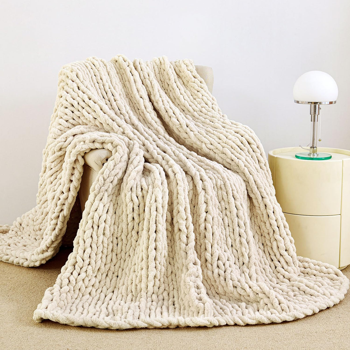 Admitrack Chunky Knit Blanket Throw 51"x63", 100% Hand Knit Chenille Throw Blanket for Sofa & Home Decor, Soft and Cozy Knitted Throw Blankets (Ivory,51"x63") Admitrack