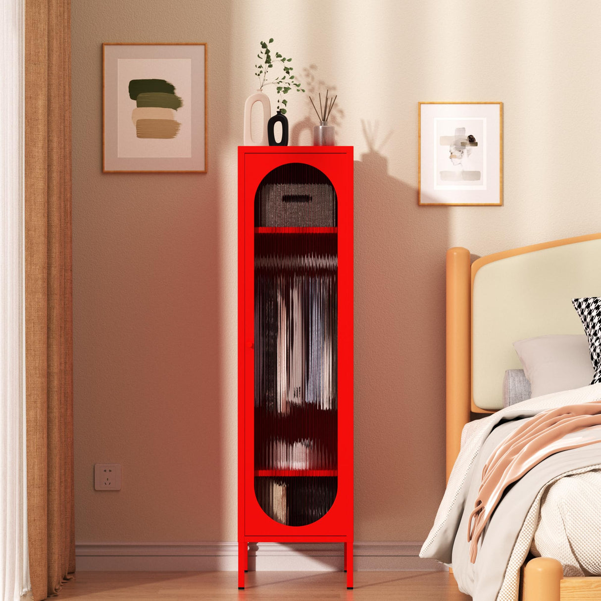 Metal Wardrobe Coat Cabinet with Adjustable Shelves and Hanging Rod,Storage Closet Locker for Bedroom,Kids Room,Office, Home, School,Almirah for Clothes,blanket. (Single Transparency Door, Red) Fumedo