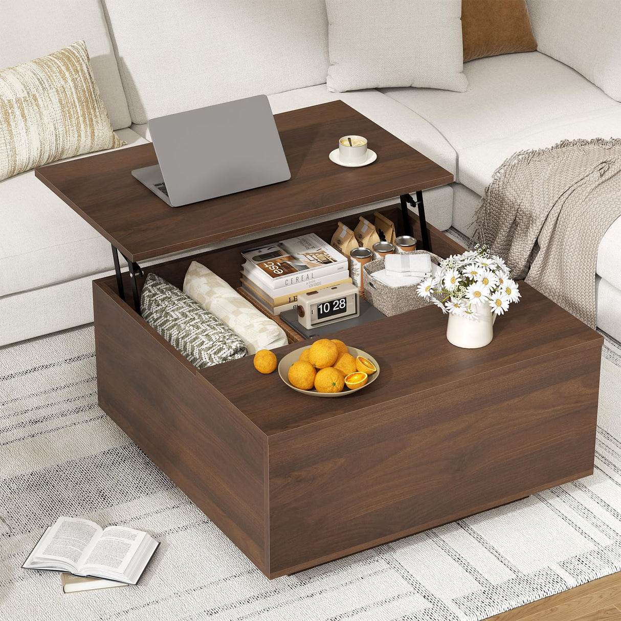 FABATO Lift Top Coffee Table, Wood Square Coffee Table with Storage, Farmhouse Coffee Tables with Hidden Storage Compartment, Center Table with Lifting Tabletop for Living Room, Home Office, Walnut FABATO