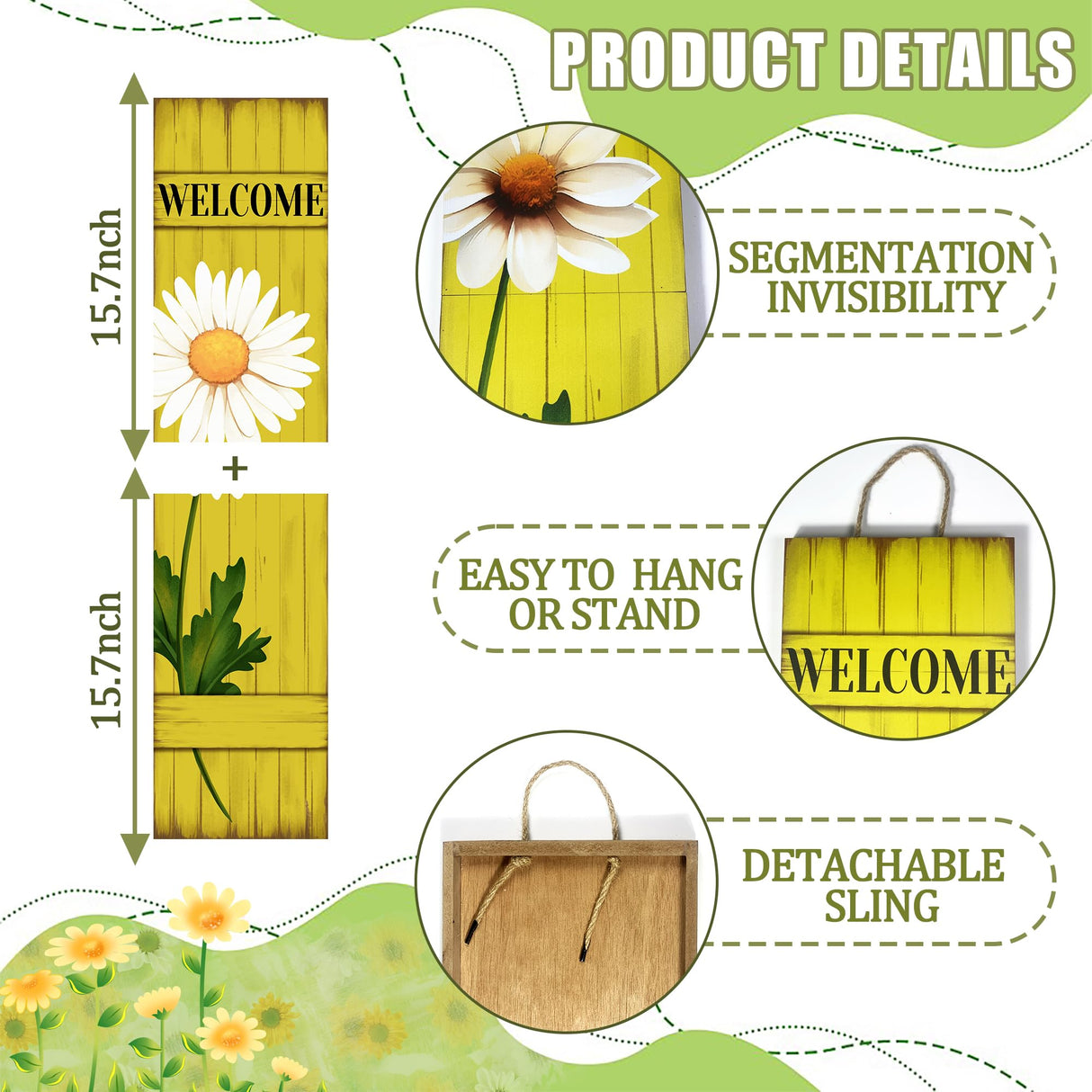 Spring Welcome Wooden Sign, Rustic Daisy Porch Sign for Front Door Decorations, Hello Spring Decor Home Hanging Signs Wall Sign 31.5"H PEROUU