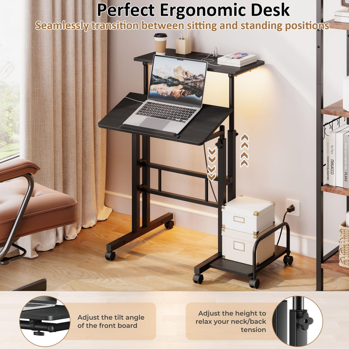 Dripex Mobile Standing Desk with Power Outlets & Strip Lights, Rolling Small Desk, Adjustable Height Laptop Table with Wheels, Portable Sit-Stand Workstation for Home Office Dripex
