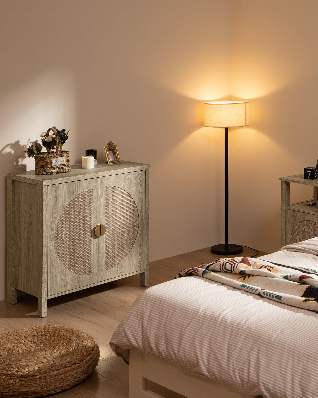 SICOTAS Accent Wood Storage Cabinet with Rattan Doors, Sideboard Buffet Cabinet with Adjustable Shelves, Multifunctional Console Table Rattan Credenza for Dining Room, Living Room, Entryway SICOTAS