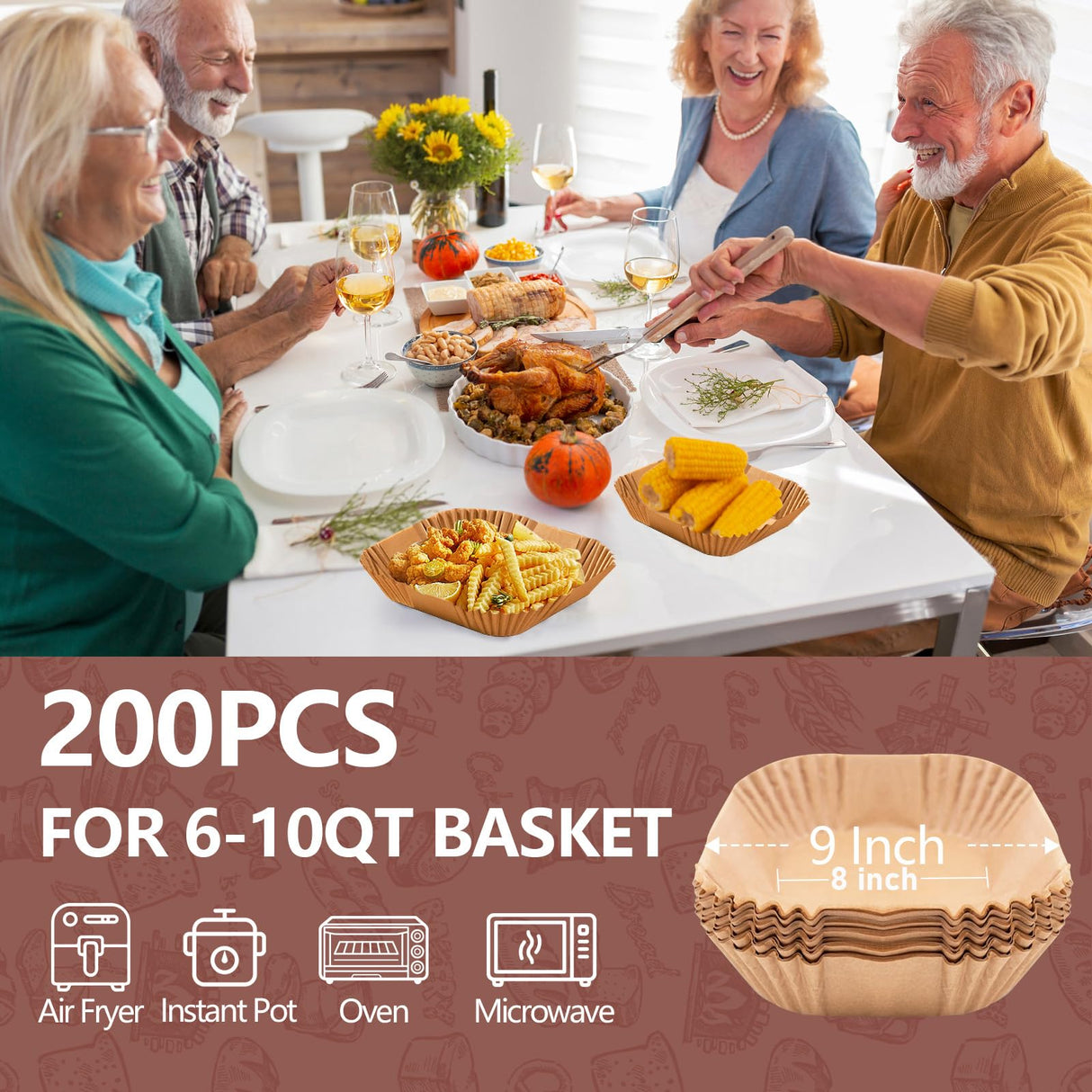 UBeesize 9 Inch Air Fryer Paper Liners,200 PCS Parchment Paper, Air Fryer Disposable Paper Liner for Microwave, Non-Stick Air Fryer Liners Square Free of Bleach(Bottom size 8 Inch) UBeesize