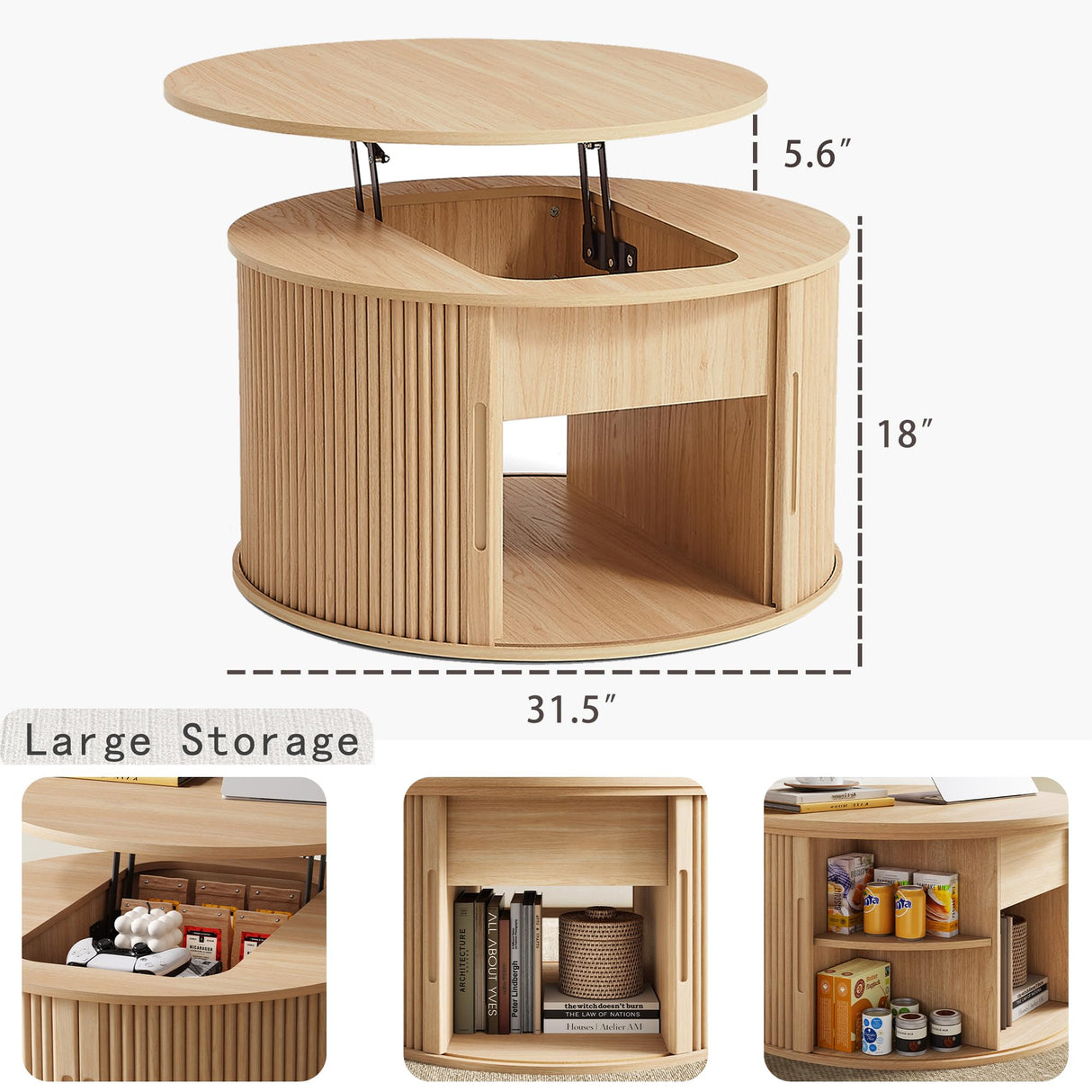 LINSY Lift Top Coffee Table, Round Fluted Coffee Table with Storage, Boho Wooden Coffee Tables with Sliding Tambour Door, 31.5" Center Table for Living Room, Office, Small Space, Natural Oak LINSY