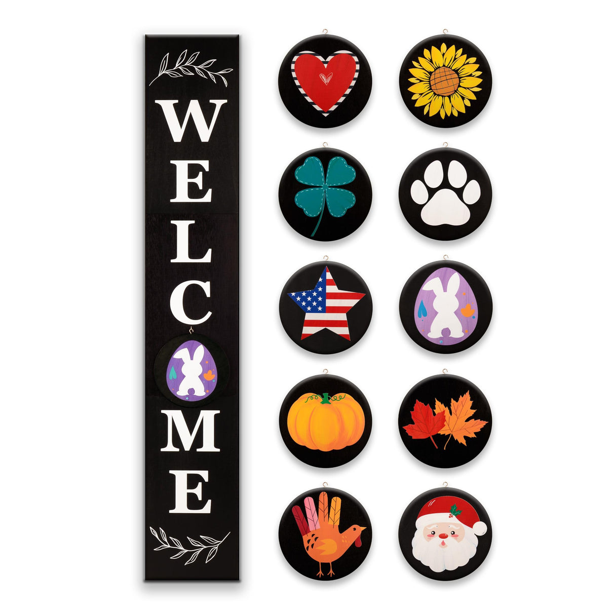 Welcome Sign for Front Door, 47 x 7.9 Wooden Sign with 10 Interchangeable Icons for Porch Standing, Farmhouse Seasonal Decor (Black) PERFNIQUE