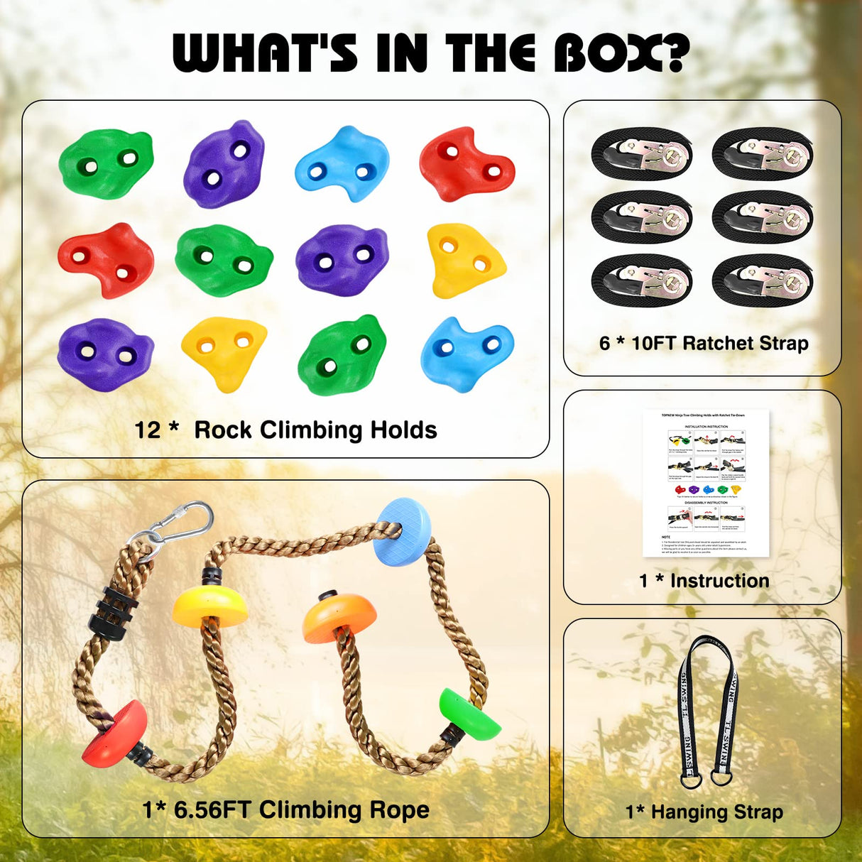 12 Ninja Tree Climbing Holds and 6.56FT Climbing Rope for Kids, Tree Climber Climbing Kit for Outdoor Ninja Warrior Obstacle Course Training TOPNEW